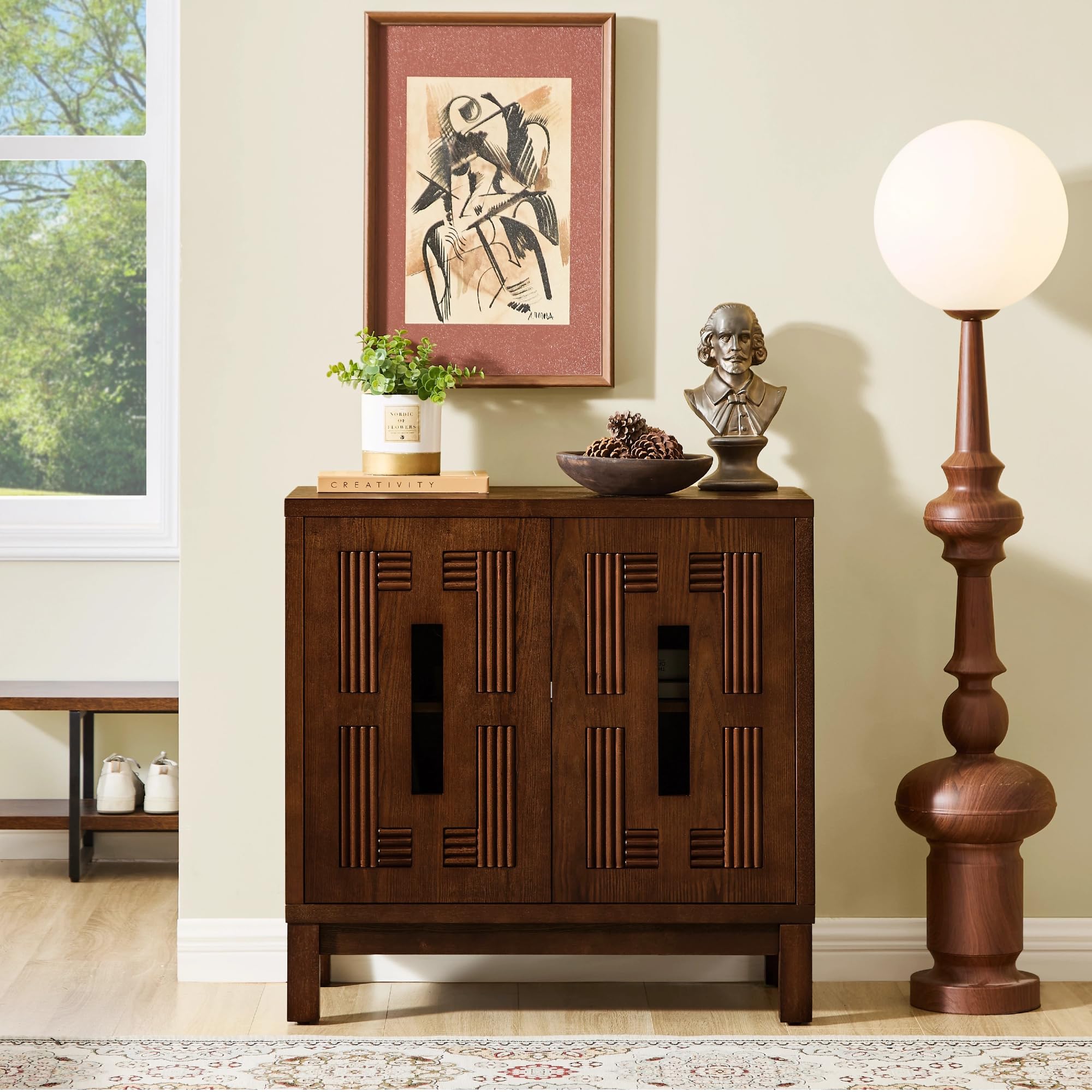 LKTART 33.5" Mid Century Sideboard Buffet Cabinet with Solid Wood Legs,Accent Storage Cabinet Credenza with 2 Doors for Living Room,Entryway,Kitchen(Walnut)