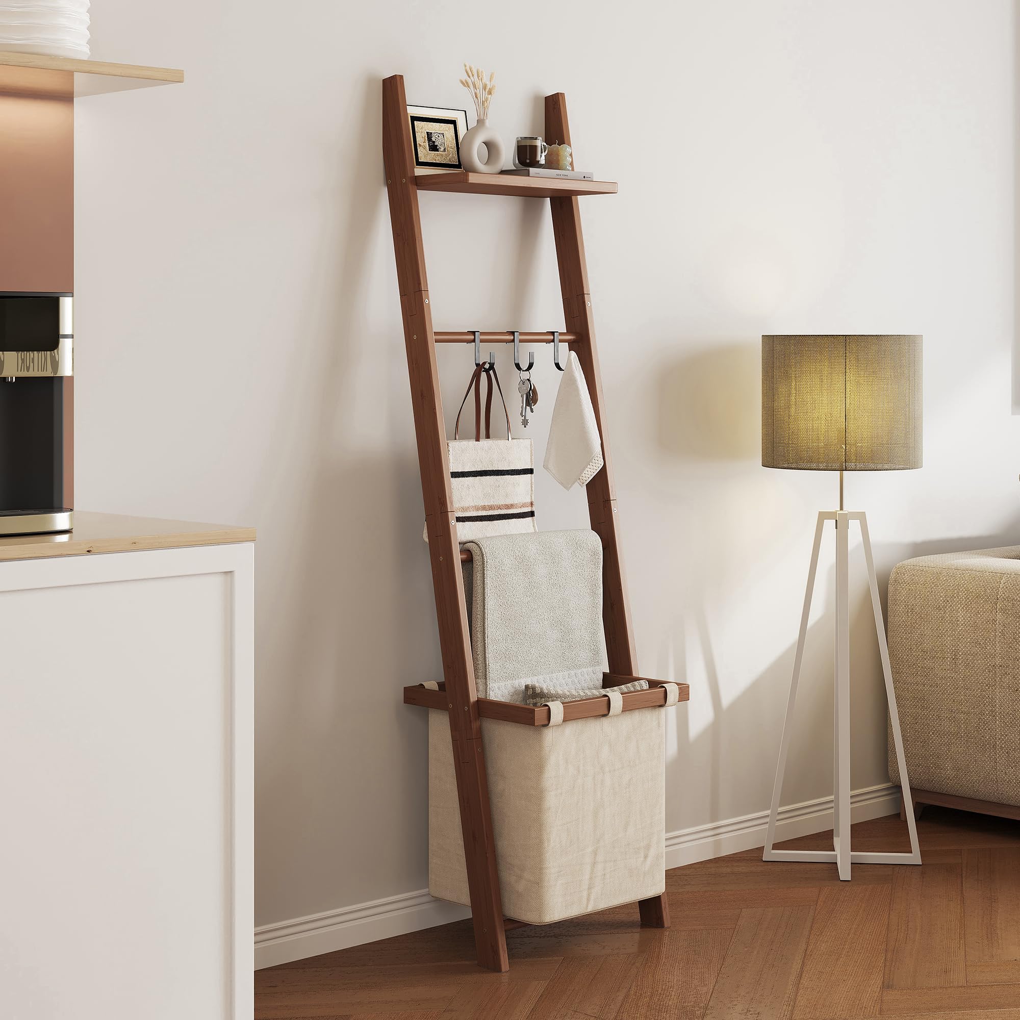 63" Bamboo Blanket Ladder with Shelf, Fabric Basket and 5 Hooks, 4 Tier Leaning Blanket Rack, Farmhouse Towel Ladder Rack, Decorative Quilt Rack Holder for Living Room Bedroom Bathroom, Natural Wood