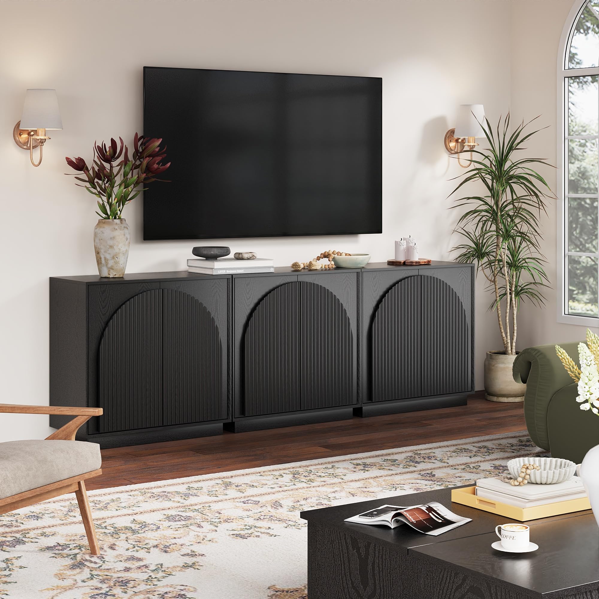 win2win Fluted Sideboard Buffet Cabinet with Storage,31.5" Mid Century Modern Accent Cabinet with Double-Layered Arch Door,Small Wood Console Credenza for Dining Living Room Hallway,Walnut,1PCS