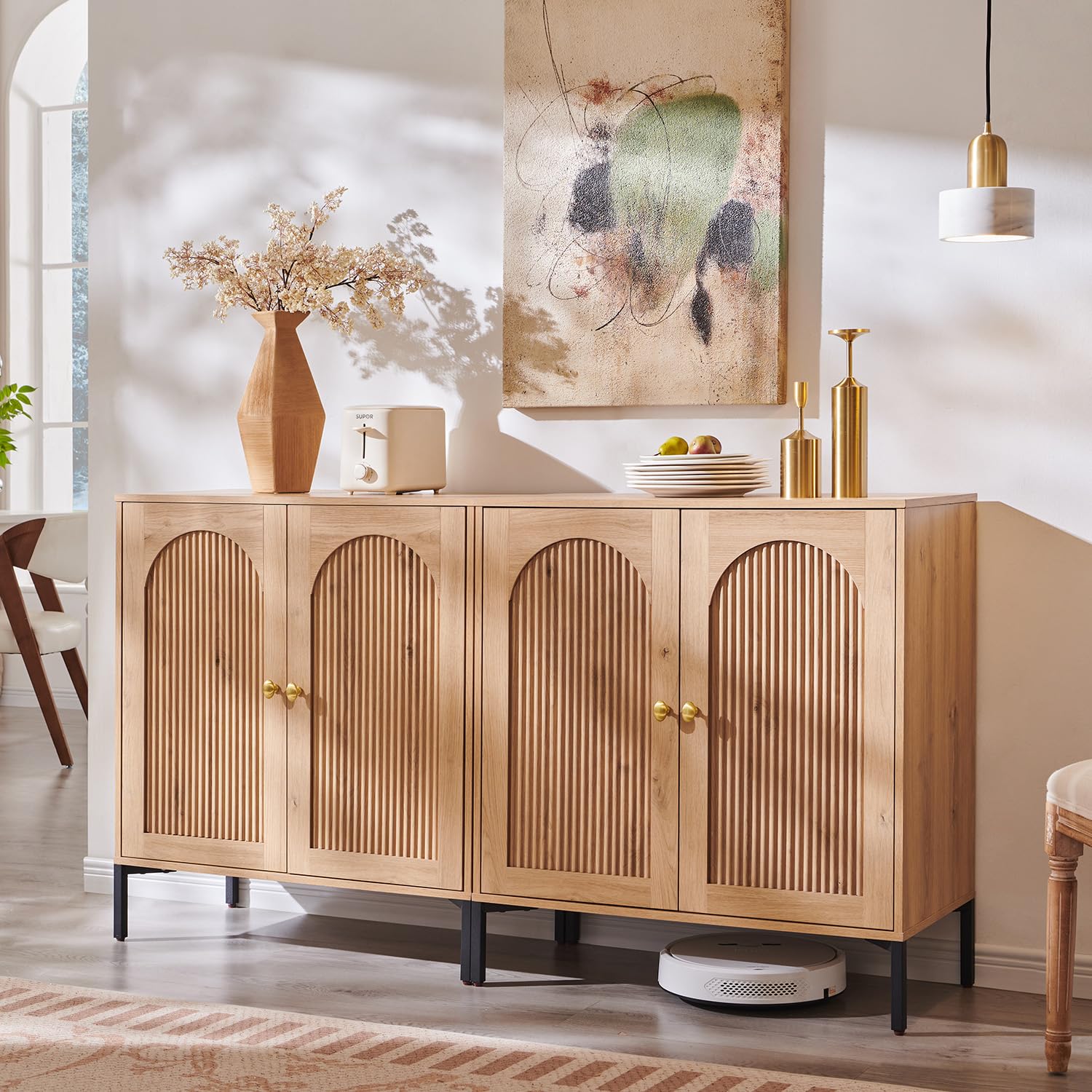 IFGET Modern Buffet Cabinet with Storage, 34" Tall Fluted Arched Sideboard Cabinet w/Adjustable Shelves, Wooden Modular Coffee Bar for Dining Room, Kitchen, Living Room, Entryway, Natural