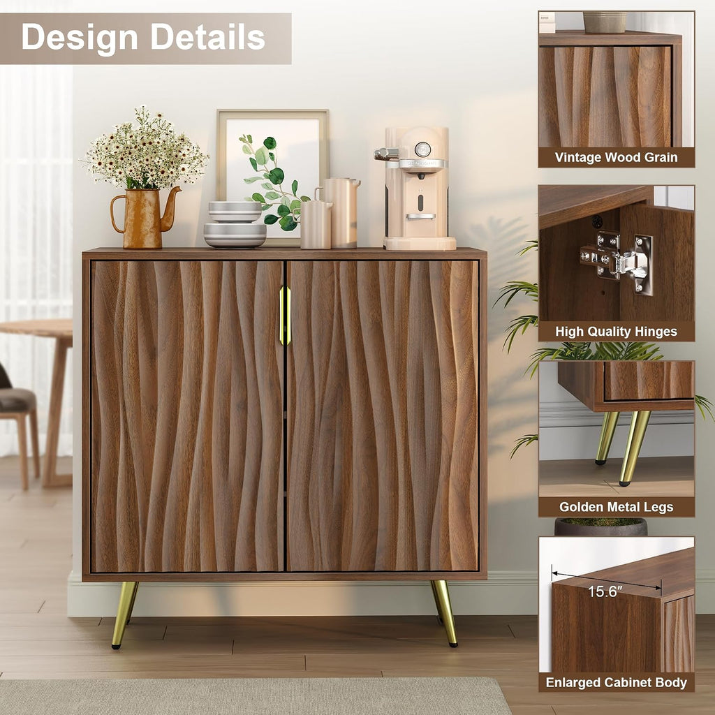 Walnut Buffet Cabinet with Fluted Doors & Adjustable Shelves for Living Room Kitchen