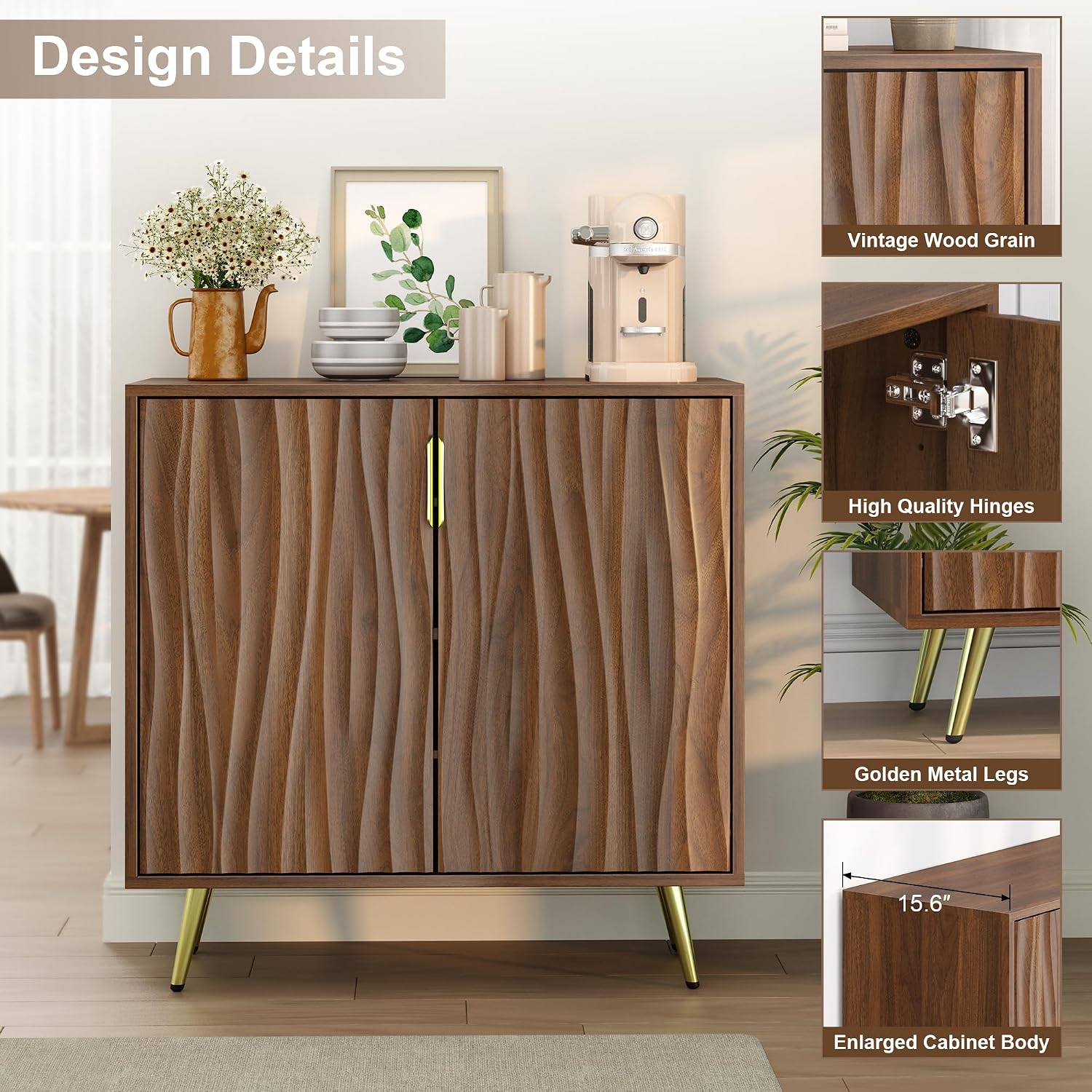 Walnut Buffet Cabinet with Fluted Doors & Adjustable Shelves for Living Room Kitchen