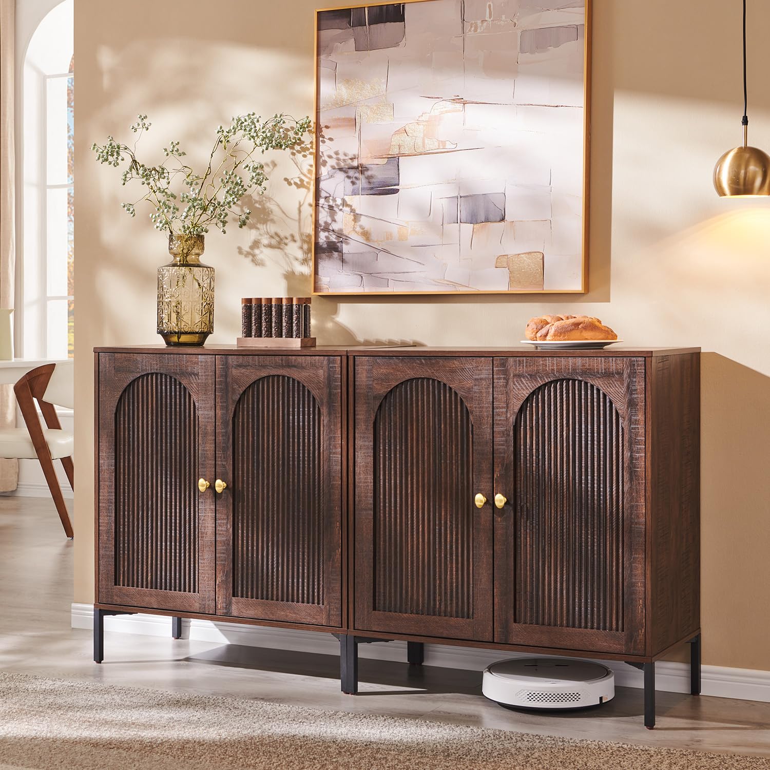 IFGET Modern Buffet Cabinet with Storage, 34" Tall Fluted Arched Sideboard Cabinet w/Adjustable Shelves, Wooden Modular Coffee Bar for Dining Room, Kitchen, Living Room, Entryway, Natural