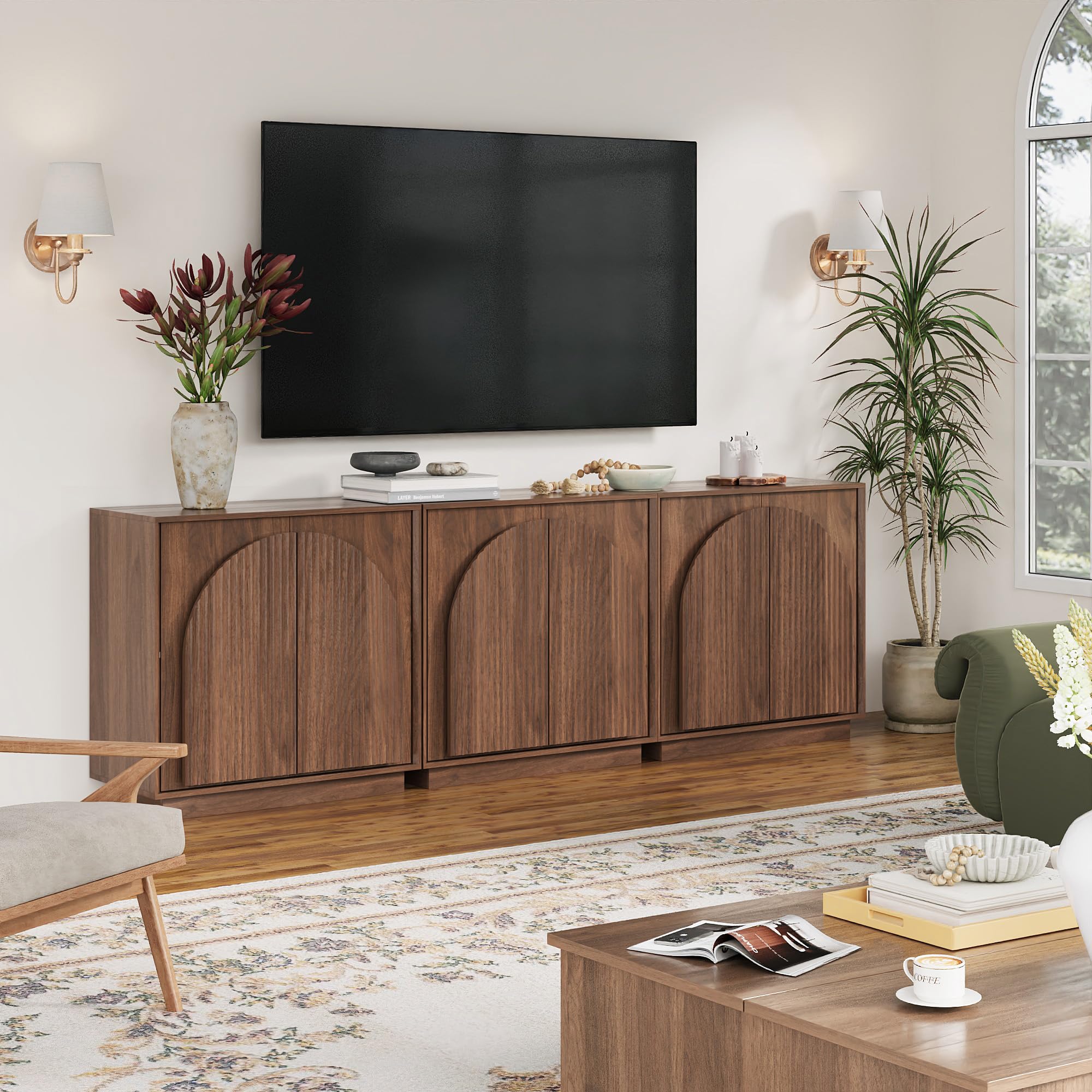 win2win Fluted Sideboard Buffet Cabinet with Storage,31.5" Mid Century Modern Accent Cabinet with Double-Layered Arch Door,Small Wood Console Credenza for Dining Living Room Hallway,Walnut,1PCS