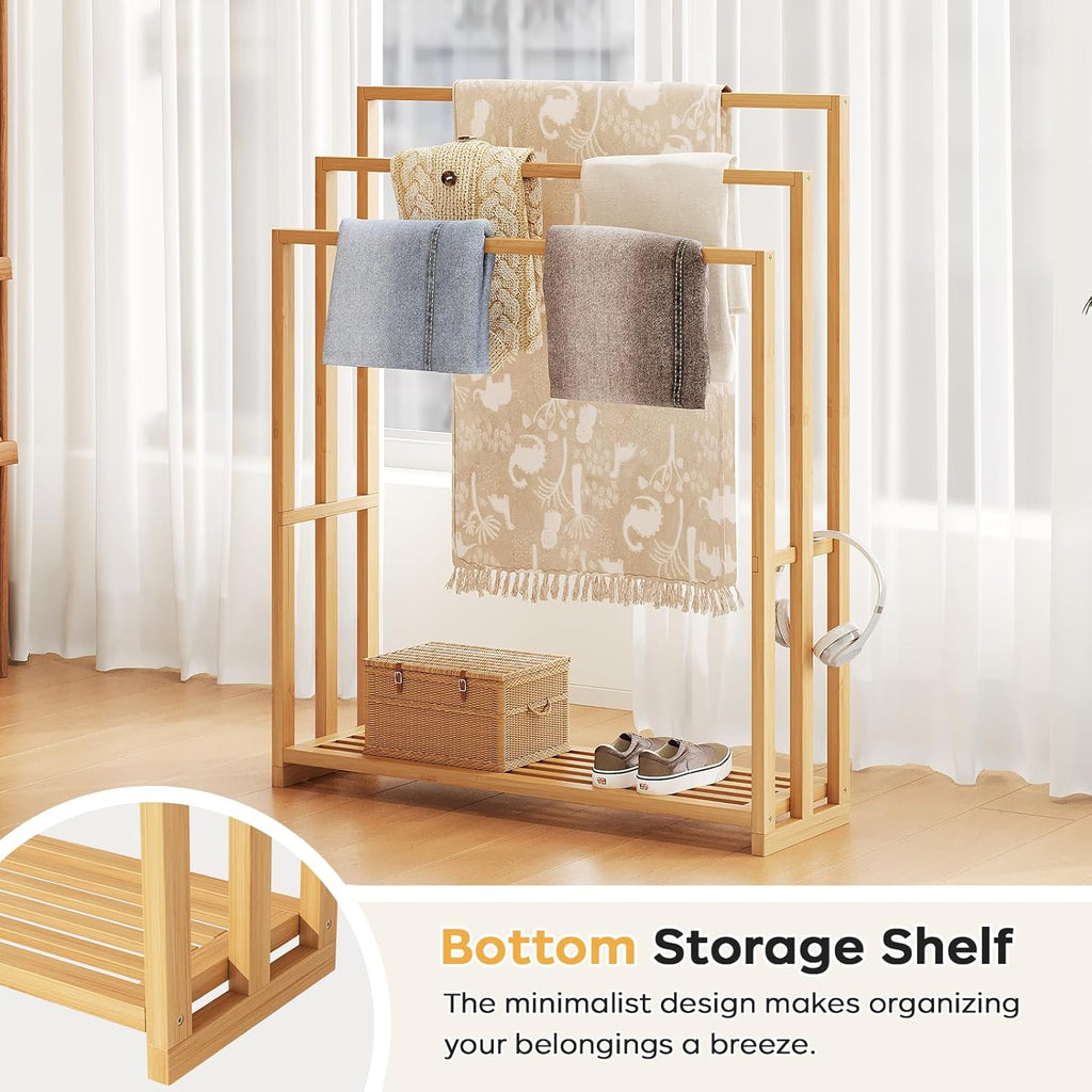 oakvivo Free Standing Towel Rack, 3 Tier Bamboo Blanket Rack for Bathroom, Blanket Drying and Display Racks with Shelf, Blanket Holder for Oversized Bath Towels (Natural)