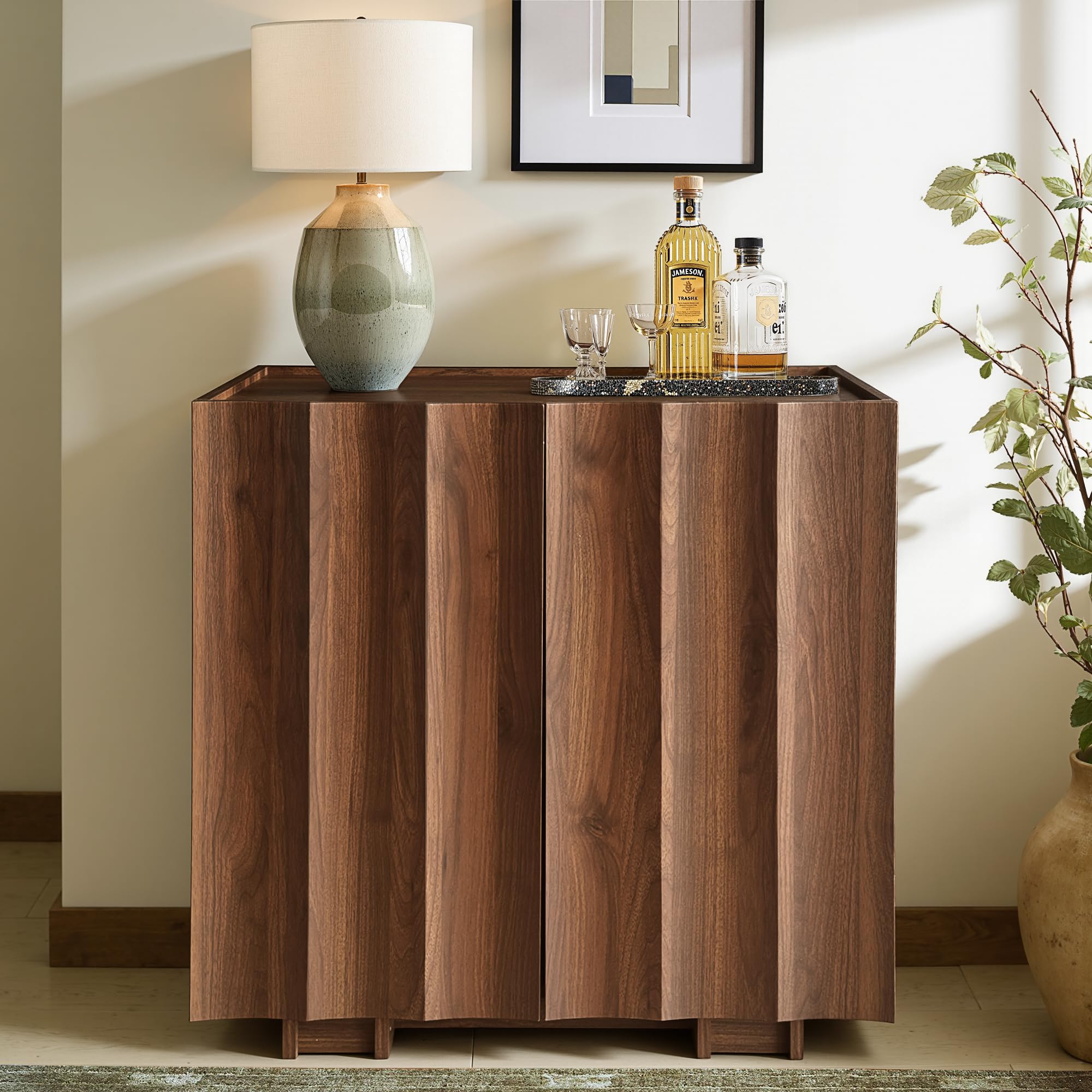 win2win Fluted Sideboard Buffet Cabinet with Storage,31.5" Mid Century Modern Accent Cabinet with Double-Layered Arch Door,Small Wood Console Credenza for Dining Living Room Hallway,Walnut,1PCS
