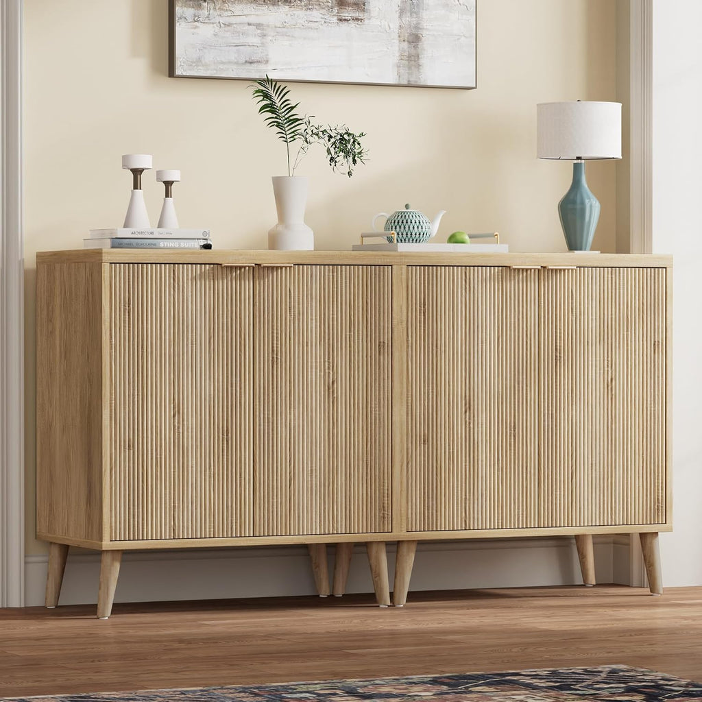 Homleke Buffet Cabinet with Storage, Modern Fluted Accent Sideboard with Doors & Adjustable Shelf, Buffet Table Entryway Cabinets for Living Room, Kitchen, Dining Room, Hallway, Natural