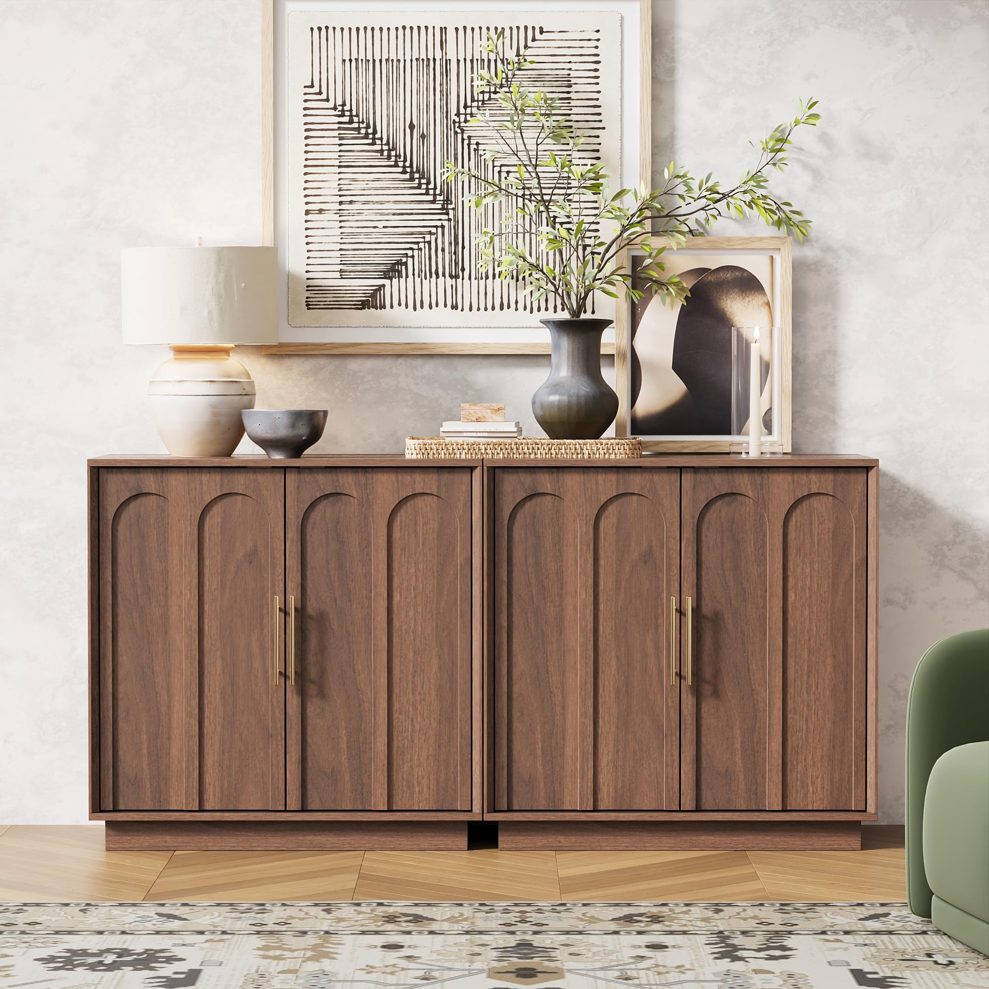 FORTUNETEC Sideboard Buffet Cabinet with Storage, Mid Century Modern Accent Cabinet with Arched Doors, Modular Media Console, Minimalist Credenza for Living Room Kitchen Dining Room Entryway, Walnut