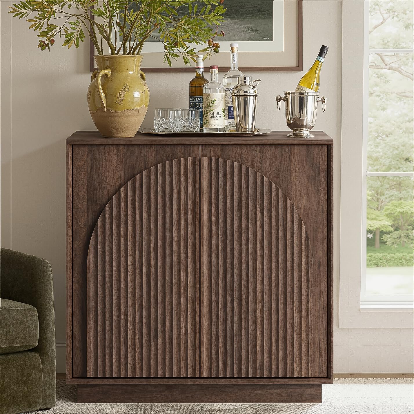 win2win Fluted Sideboard Buffet Cabinet with Storage,31.5" Mid Century Modern Accent Cabinet with Double-Layered Arch Door,Small Wood Console Credenza for Dining Living Room Hallway,Walnut,1PCS