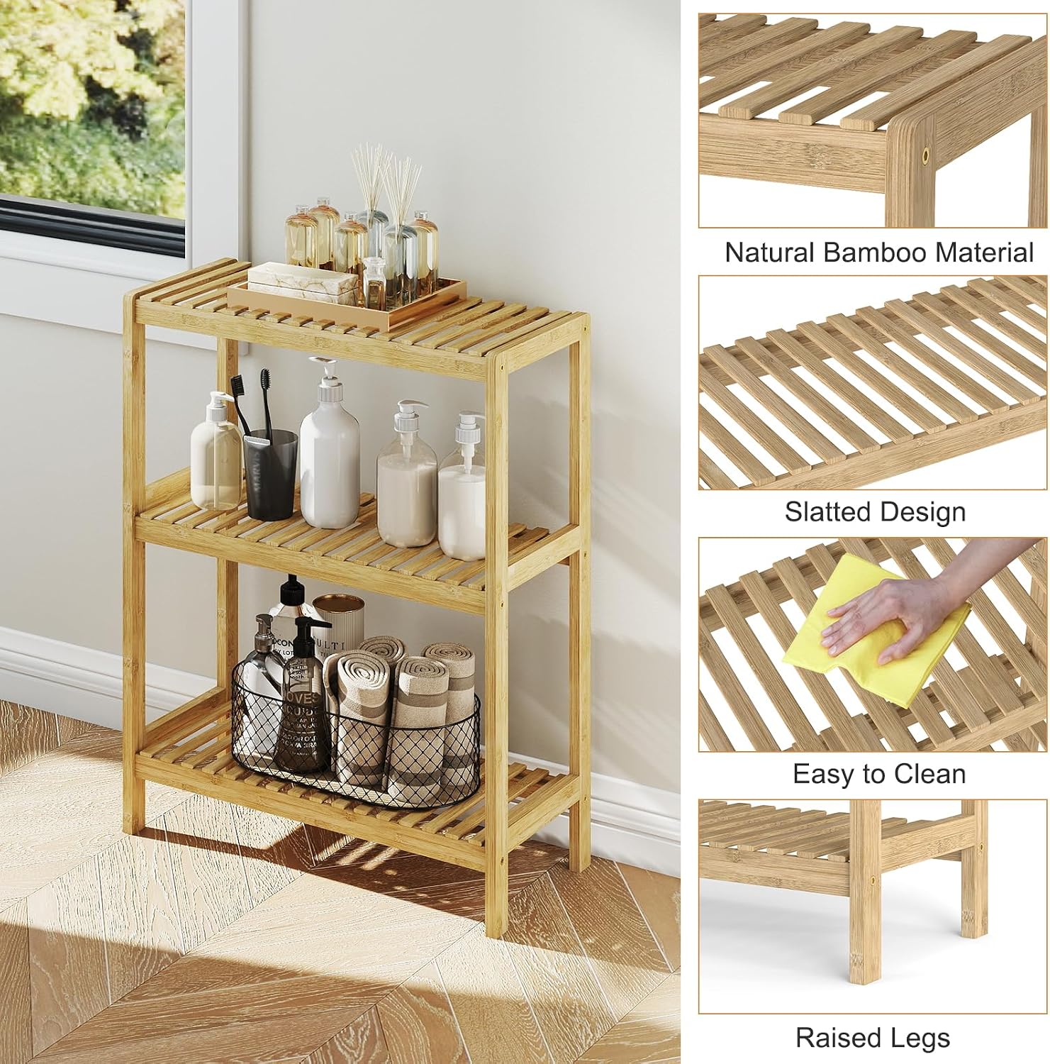 kinbor Bamboo Rack Multifunctional Bathroom Kitchen Living Room Holder Plant Flower Stand Utility Storage Shelf (3-Tier)