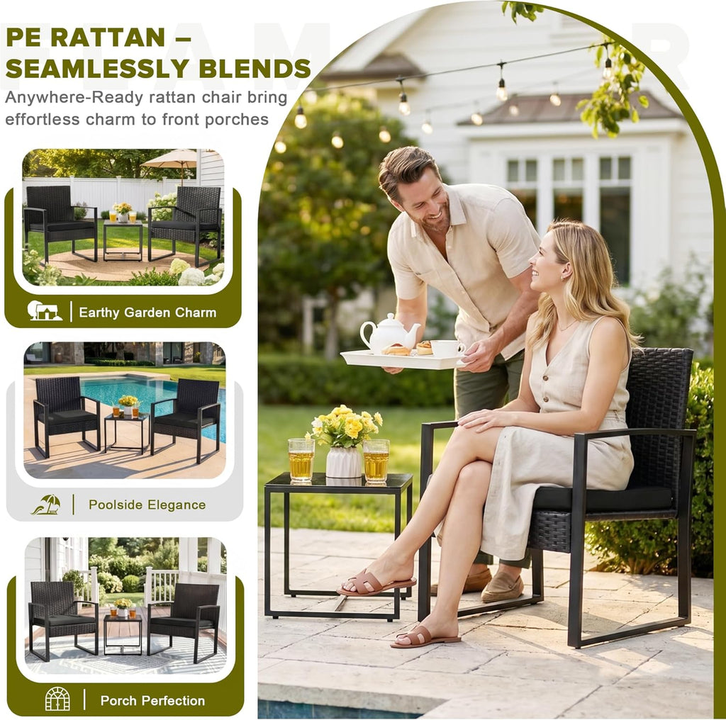 Flamaker 3 Pieces Outdoor Patio Wicker Furniture Set, Modern Rattan Chair Conversation Sets with Coffee Table for Yard and Bistro (Black)