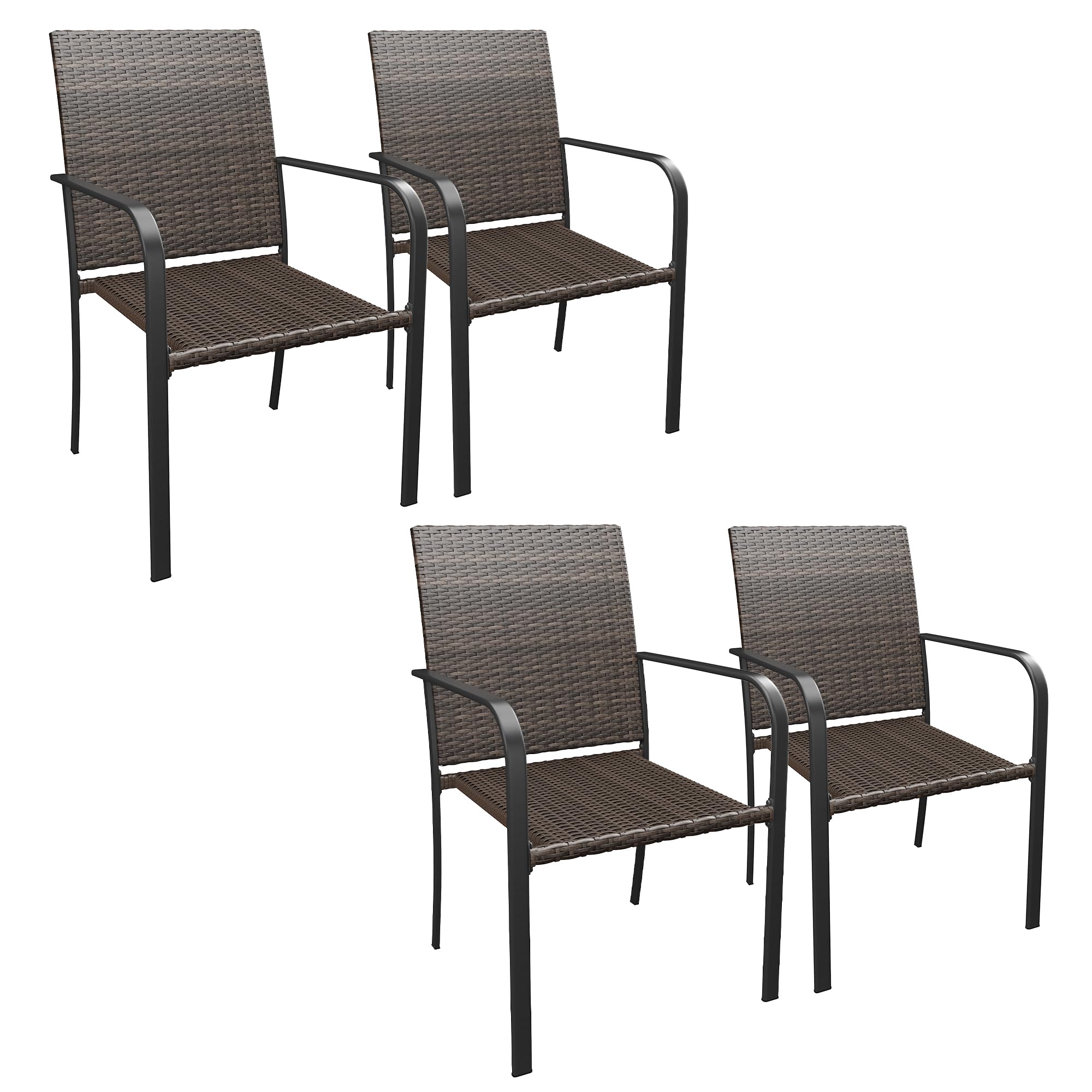 Patio Dining Chair Set of 2, Stackable Outdoor Wicker Chairs with Curved Armrest for Front Porch, Garden, Backyard, Walnut