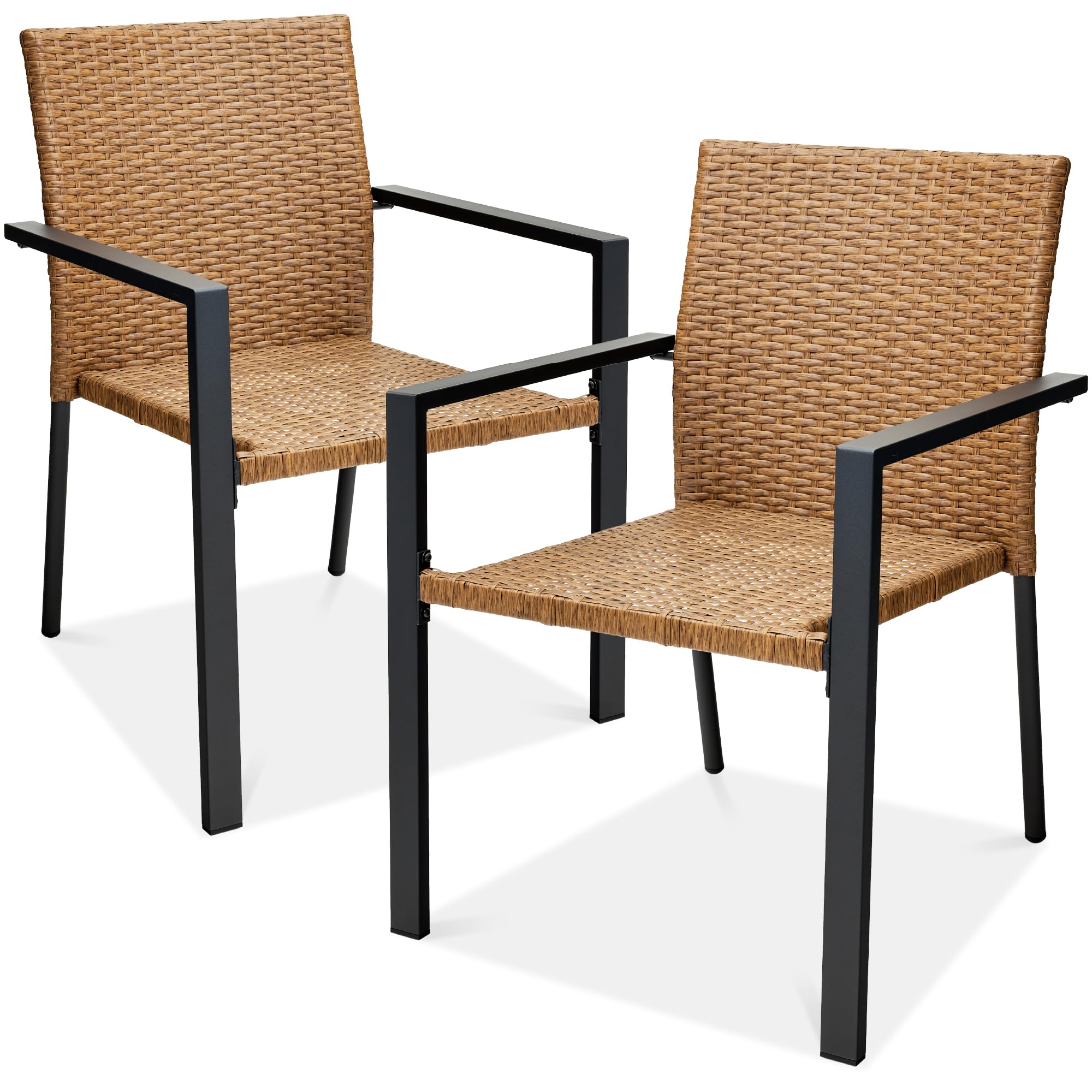 Best Choice Products Set of 2 Stackable Outdoor Wicker Dining Chairs All-Weather Firepit Armchair w/Armrests, Steel Frame for Patio, Deck, Garden, Yard - Brown