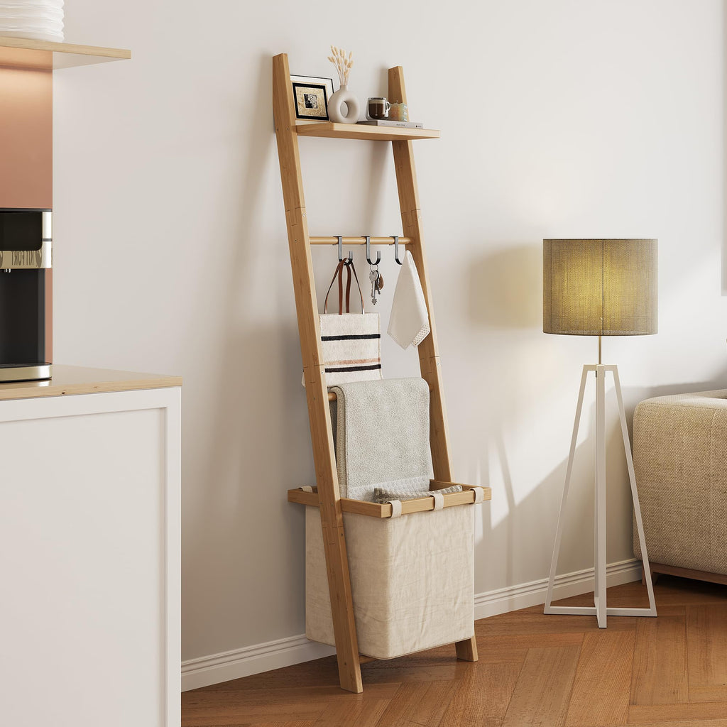 Farmhouse Leaning Bamboo Quilt Rack with Storage Shelf for Bathroom Bedroom