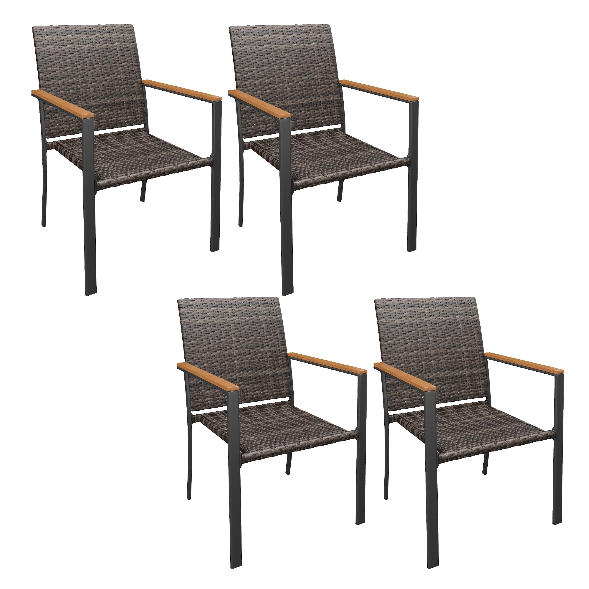 Patio Dining Chair Set of 2, Stackable Outdoor Wicker Chairs with Curved Armrest for Front Porch, Garden, Backyard, Walnut