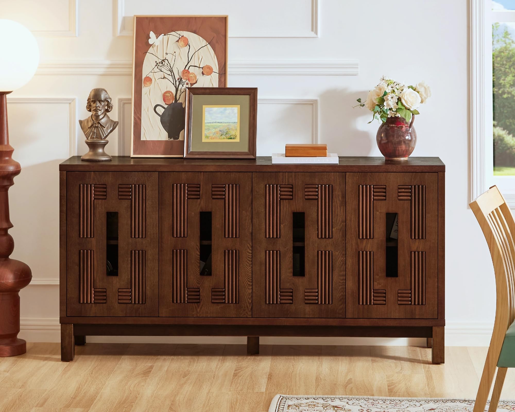 LKTART 33.5" Mid Century Sideboard Buffet Cabinet with Solid Wood Legs,Accent Storage Cabinet Credenza with 2 Doors for Living Room,Entryway,Kitchen(Walnut)