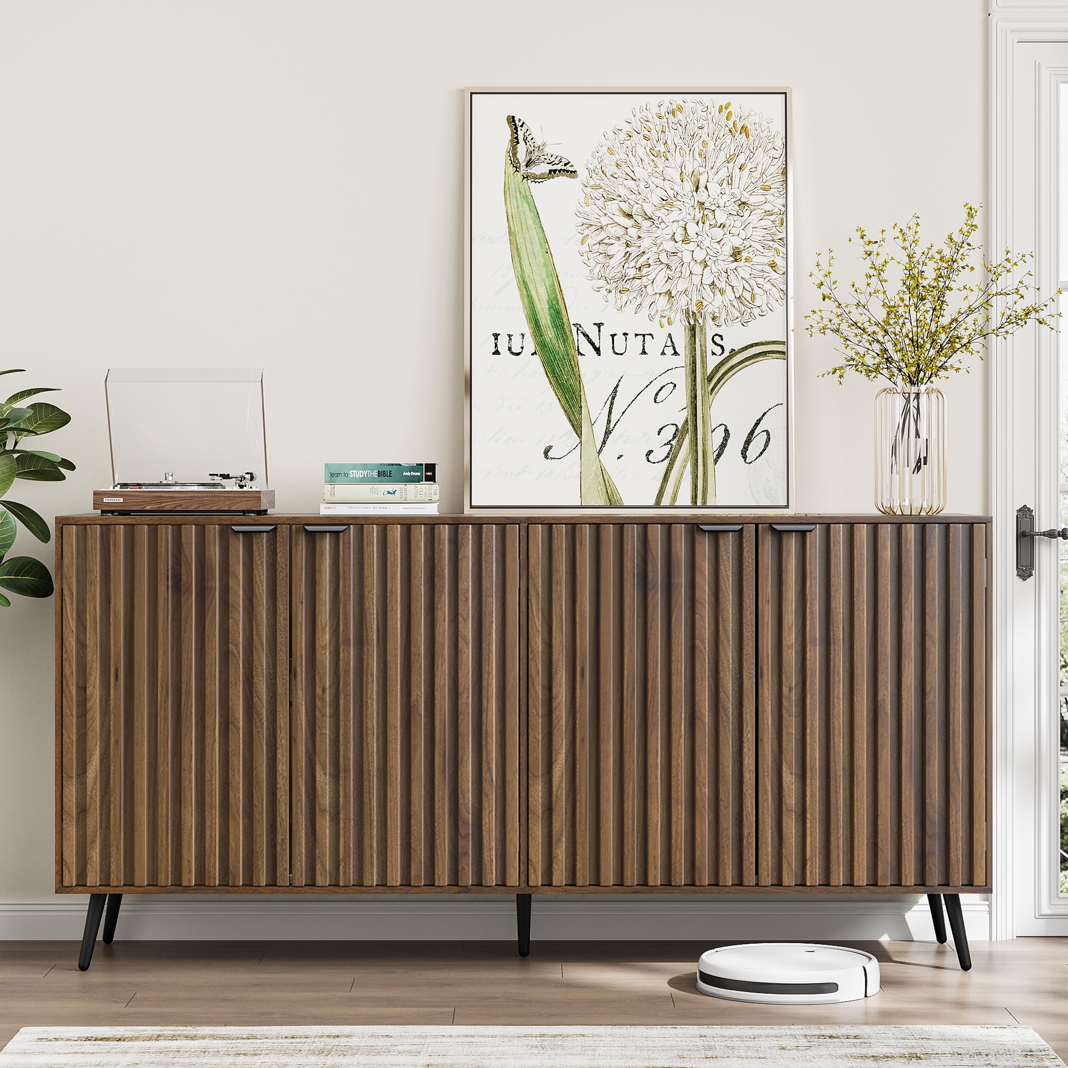 Smuxee Fluted Sideboard Cabinet, Freestanding Walnut Buffet Cabinet with Adjustable Shelf, Wood Storage Cabinet for Living Room, Entryway, Hallway