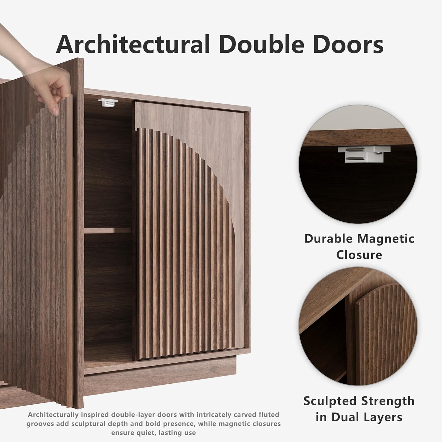 win2win Fluted Sideboard Buffet Cabinet with Storage,31.5" Mid Century Modern Accent Cabinet with Double-Layered Arch Door,Small Wood Console Credenza for Dining Living Room Hallway,Walnut,1PCS