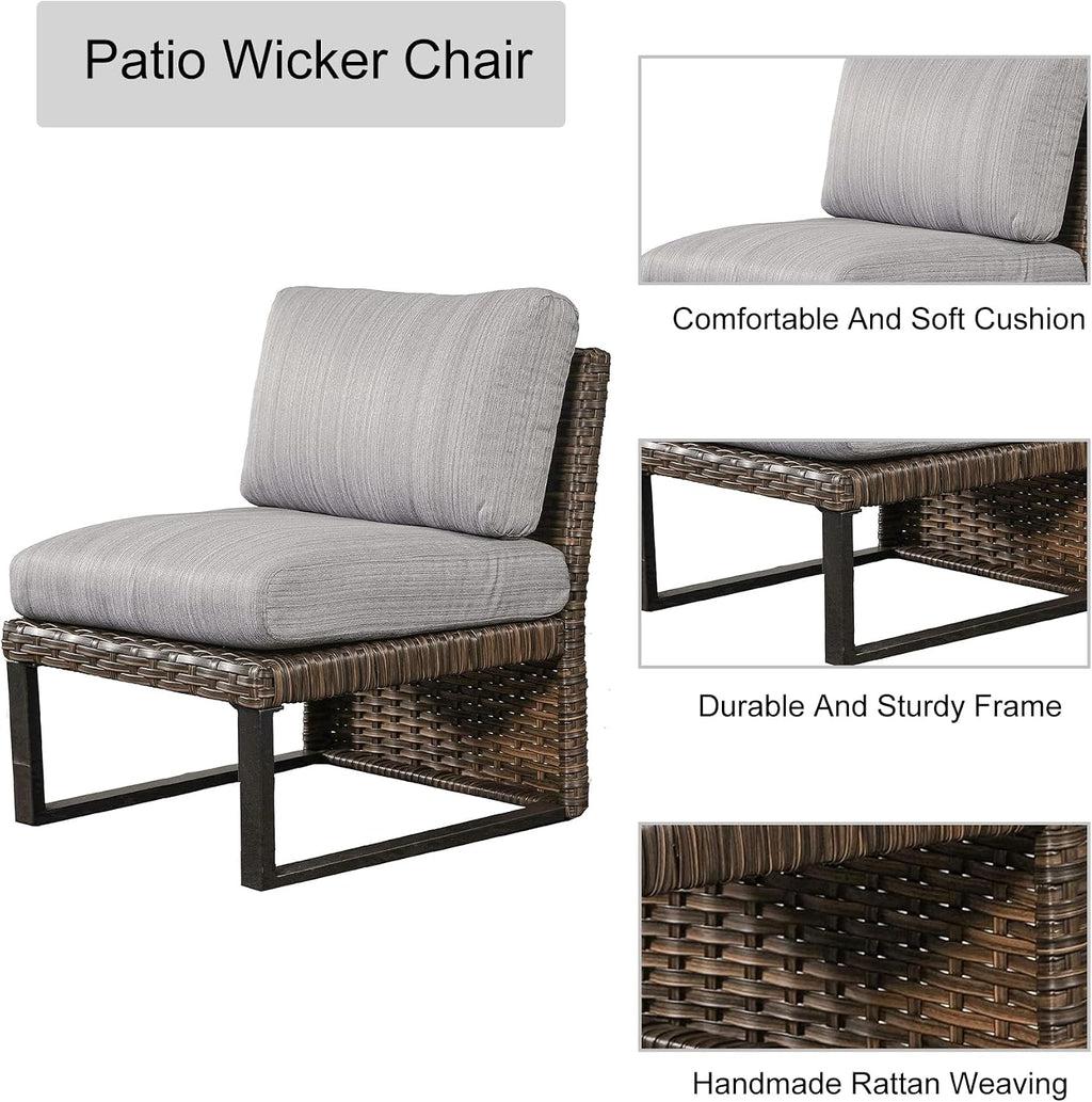 LOKATSE Home Outdoor Wicker Chair Patio Dining Metal Furniture Rattan Armless Sofa with Cushion