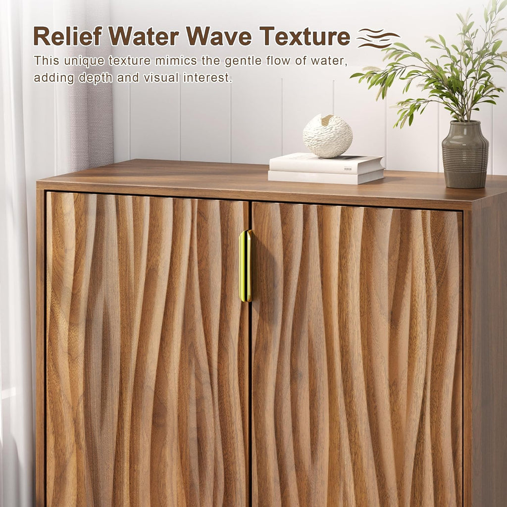Walnut Buffet Cabinet with Fluted Doors & Adjustable Shelves for Living Room Kitchen