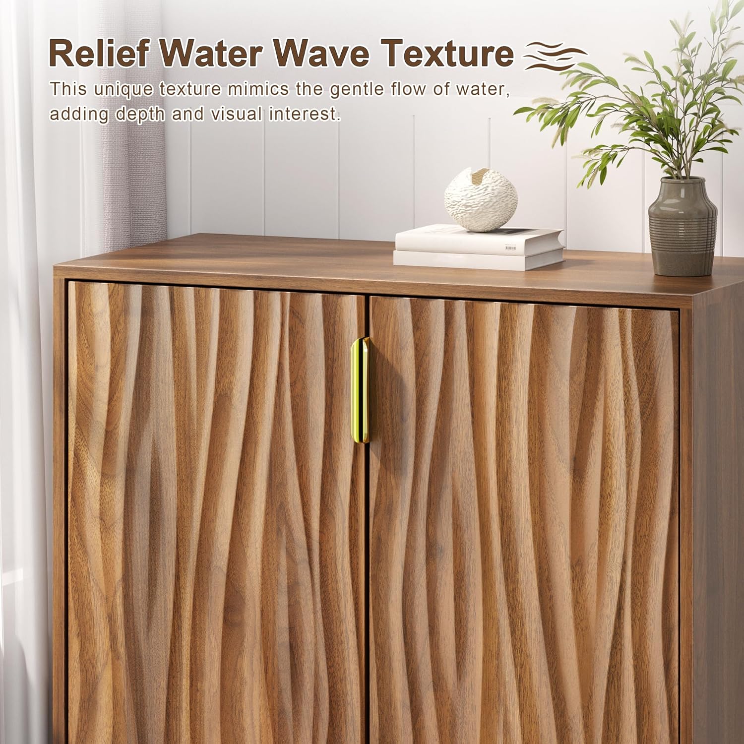 Walnut Buffet Cabinet with Fluted Doors & Adjustable Shelves for Living Room Kitchen