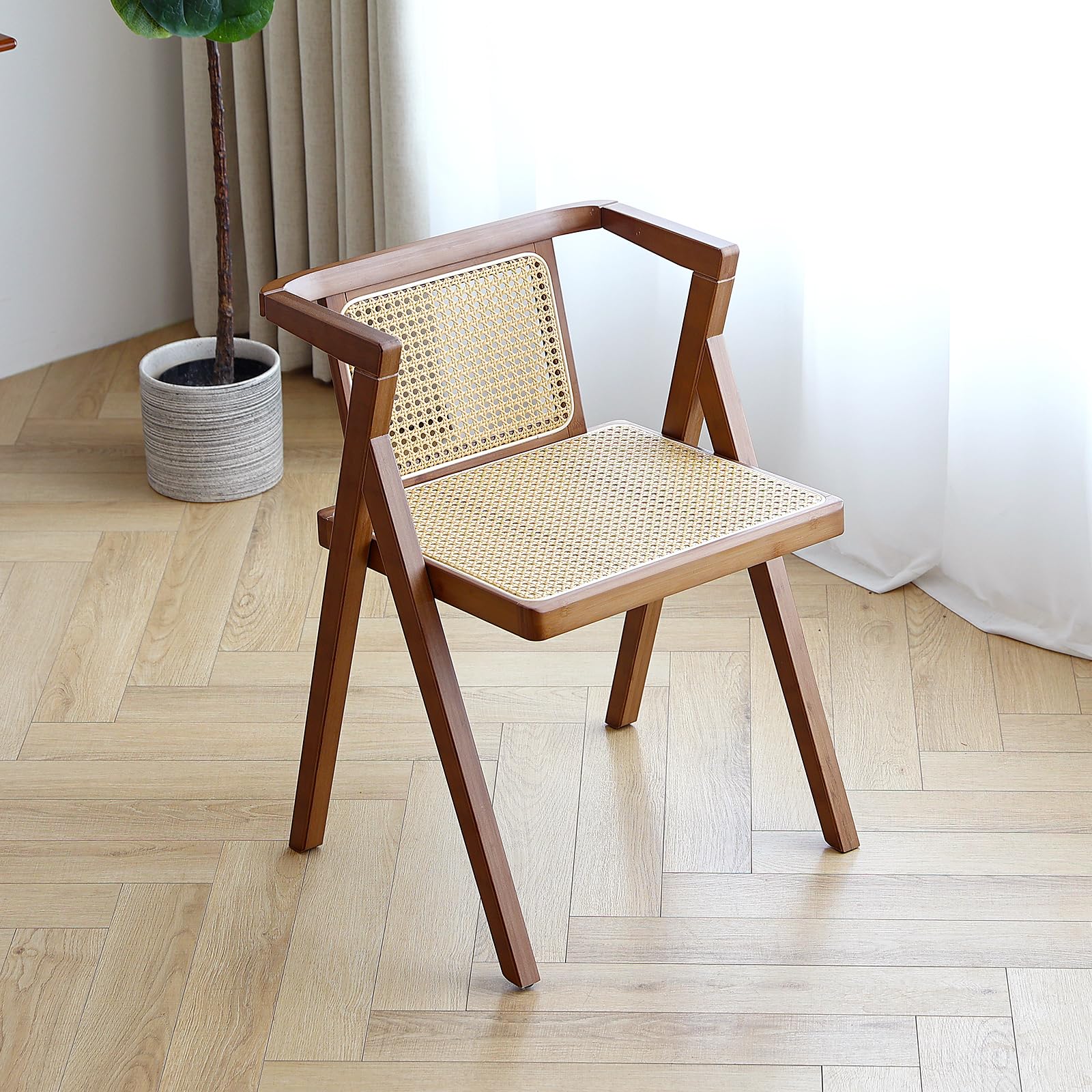 Furlide Rattan Dining Chairs Set of 2, Mid-Century Accent Armchair, Wicker Chair, Outdoor Bamboo Chair for Dining Room, Living Room, Bedroom, Kitchen, Walnut