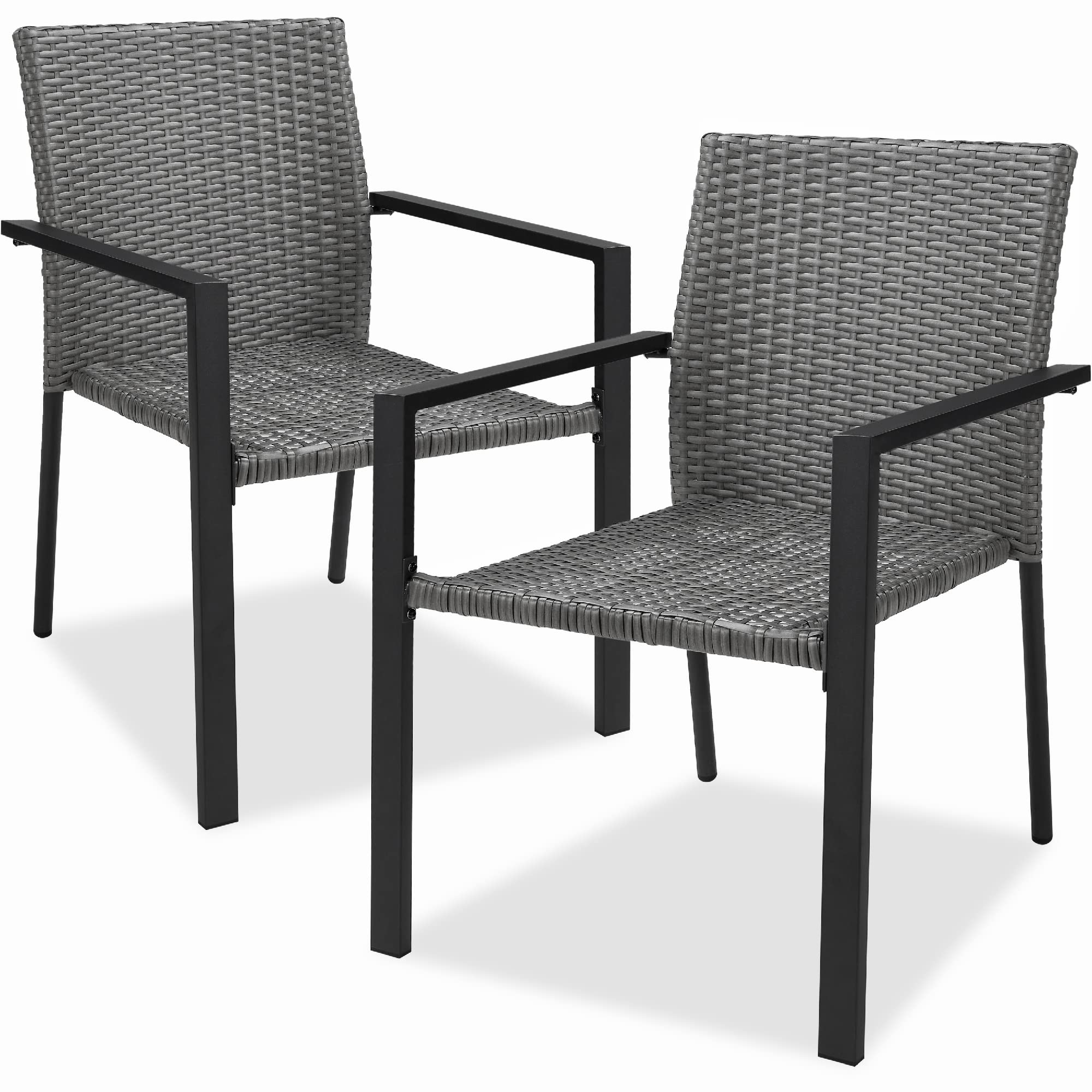 Best Choice Products Set of 2 Stackable Outdoor Wicker Dining Chairs All-Weather Firepit Armchair w/Armrests, Steel Frame for Patio, Deck, Garden, Yard - Brown