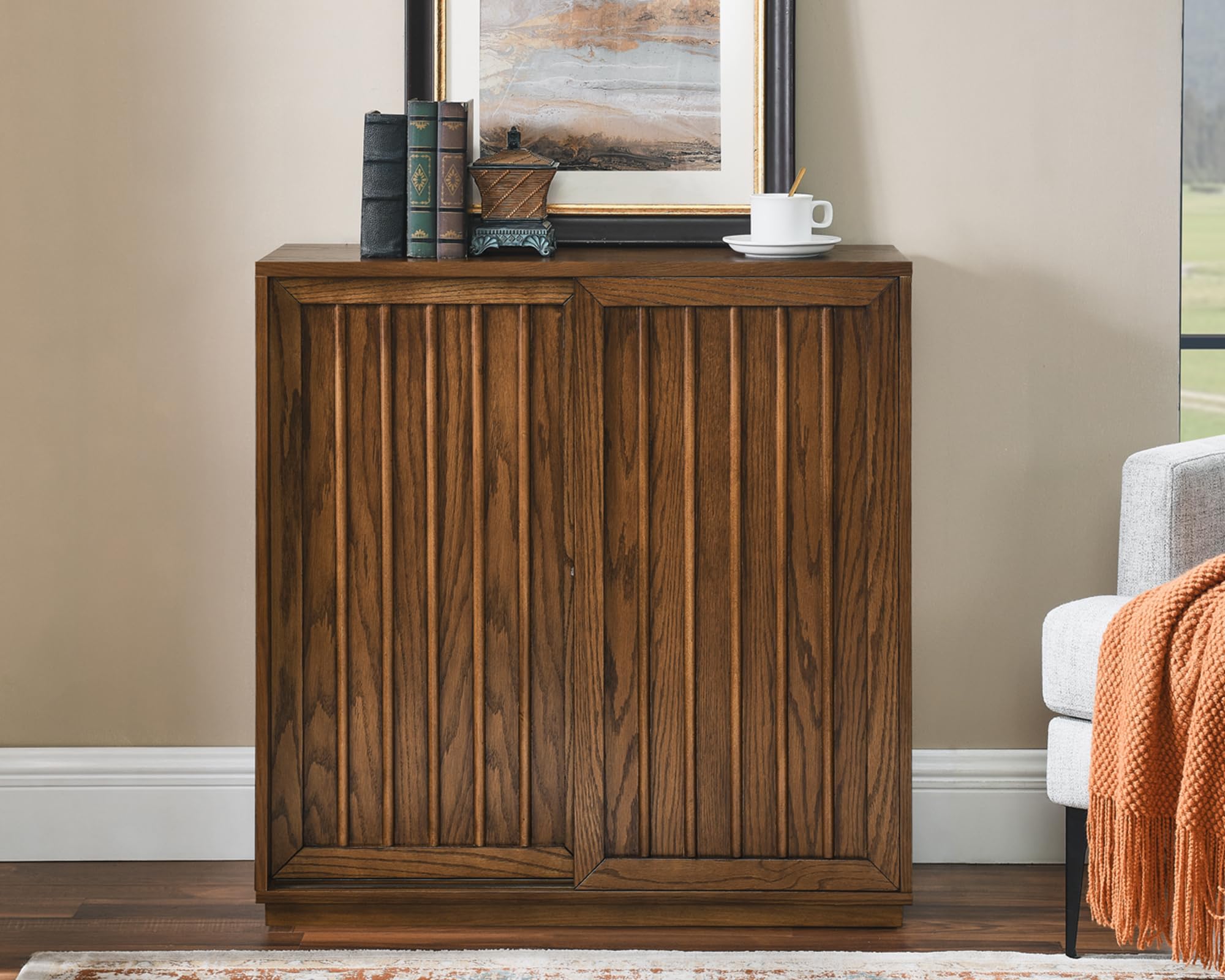 LKTART Mid Century Modern Narrow Sideboard Buffet Cabinet,Small Walnut Entryway Cabinet,Wood Credenza Storage Cabinet with 2 Doors for Living Room,Kitchen,Hallway(9.25" D*39" L)