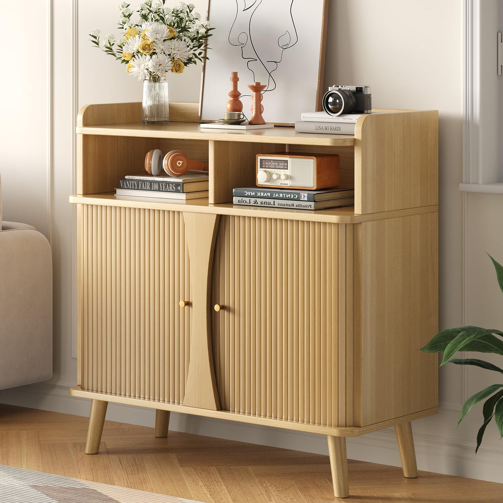 Decofy 39" Buffet Sideboard Cabinet, Mid Century Modern Console Cabinet with Roller Shutter Sliding Doors & Adjustable Shelves for Kitchen Cabinets, Living Room, Entryway, Coffee Bar Cabinet (Walnut)
