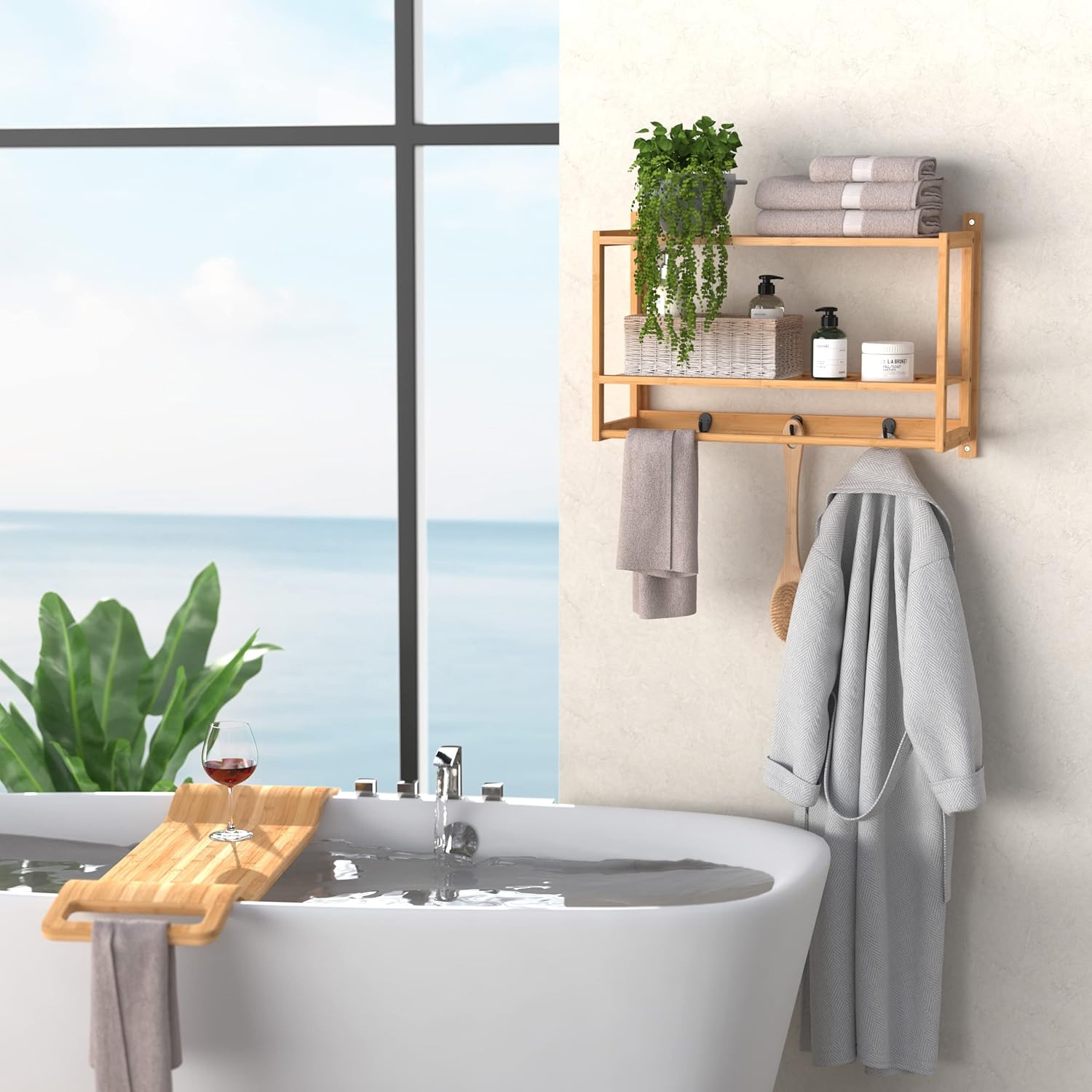 ClosetMaid Bamboo Wall Shelf with Towel Bar, 3 Hooks, Wall Mount Storage Shelves, 2 Tier, Organizer Rack, Natural Finish
