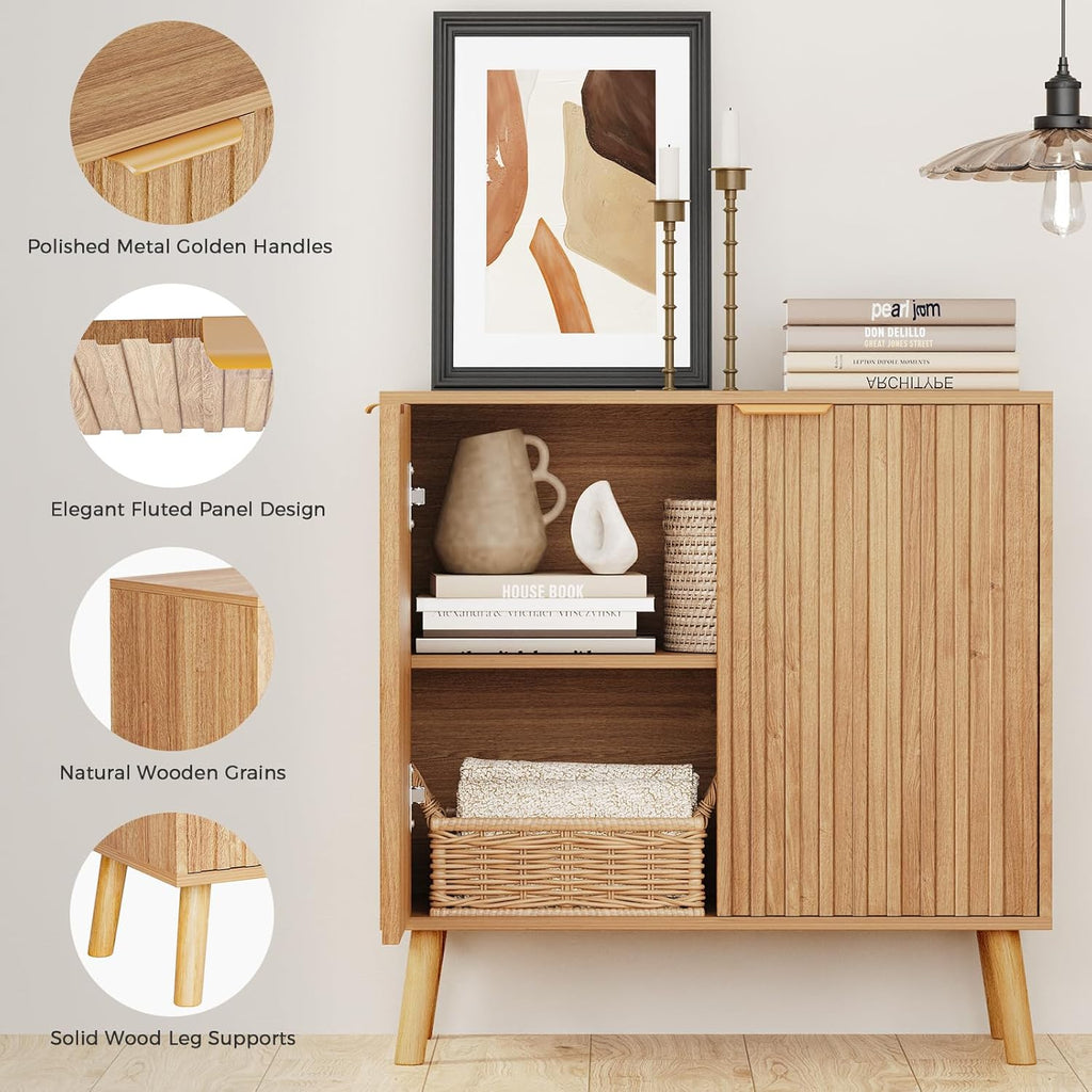 Fluted Storage Cabinet, Buffet Cabinet with Storage, Wood Sideboard with Adjustable Shelf, Modern Accent Cabinet & Console Table for Entryway, Living Room, Dining Room, Natural