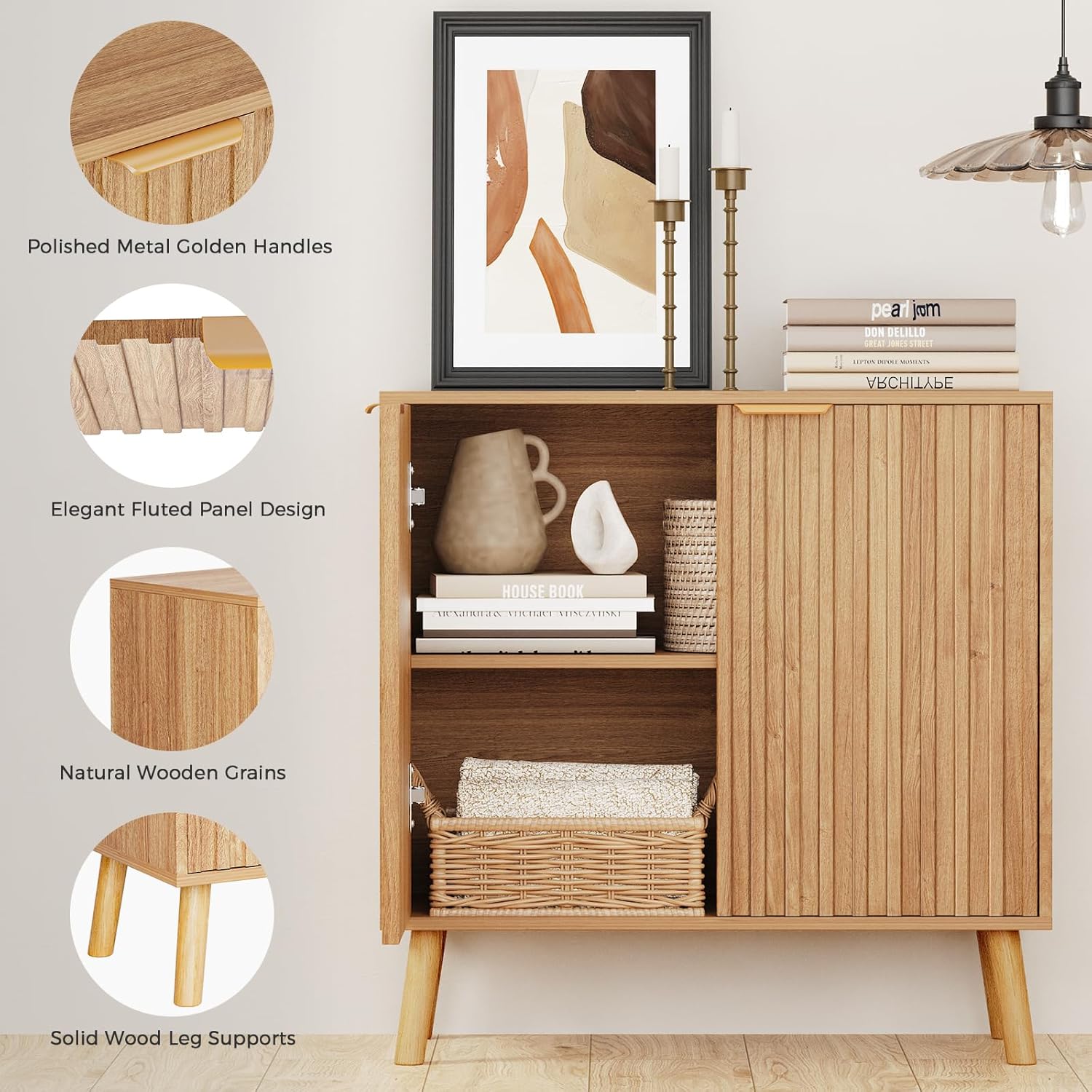 Fluted Storage Cabinet, Buffet Cabinet with Storage, Wood Sideboard with Adjustable Shelf, Modern Accent Cabinet & Console Table for Entryway, Living Room, Dining Room, Natural