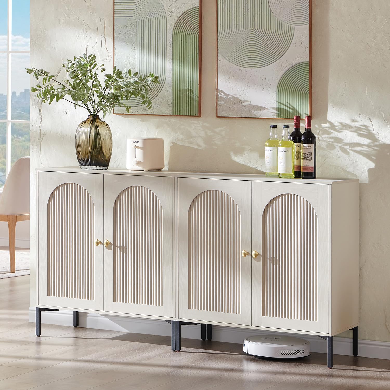IFBUY Modern Sideboard Buffet Cabinet, 34" Tall Fluted Arched Buffet Cabinet with Storage and Adjustable Shelves, Wooden Modular Coffee Bar Cabinets for Kitchen, Entryway, Natural