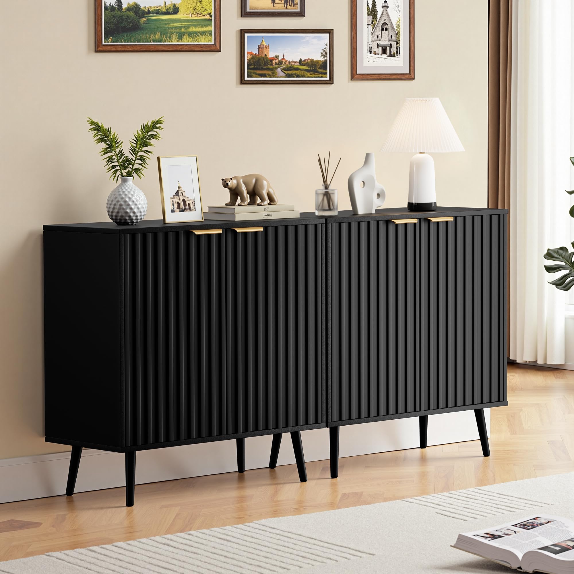 Fluted Storage Cabinet, Buffet Cabinet with Storage, Wood Sideboard with Adjustable Shelf, Modern Accent Cabinet & Console Table for Entryway, Living Room, Dining Room, Natural