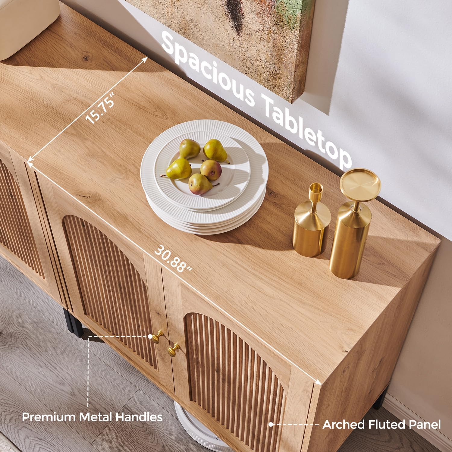 IFBUY Modern Sideboard Buffet Cabinet, 34" Tall Fluted Arched Buffet Cabinet with Storage and Adjustable Shelves, Wooden Modular Coffee Bar Cabinets for Kitchen, Entryway, Natural