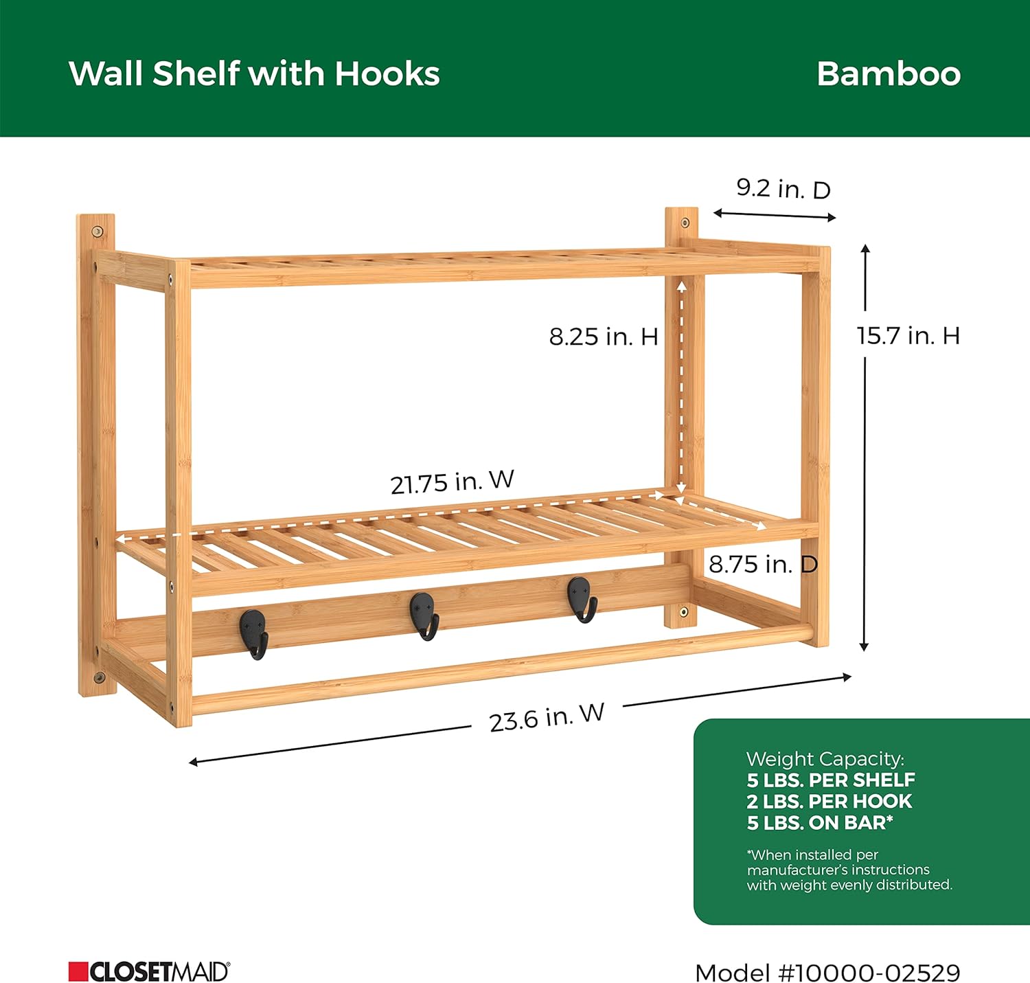 ClosetMaid Bamboo Wall Shelf with Towel Bar, 3 Hooks, Wall Mount Storage Shelves, 2 Tier, Organizer Rack, Natural Finish
