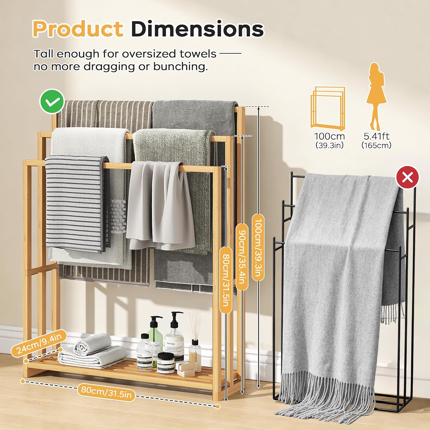 oakvivo Free Standing Towel Rack, 3 Tier Bamboo Blanket Rack for Bathroom, Blanket Drying and Display Racks with Shelf, Blanket Holder for Oversized Bath Towels (Natural)