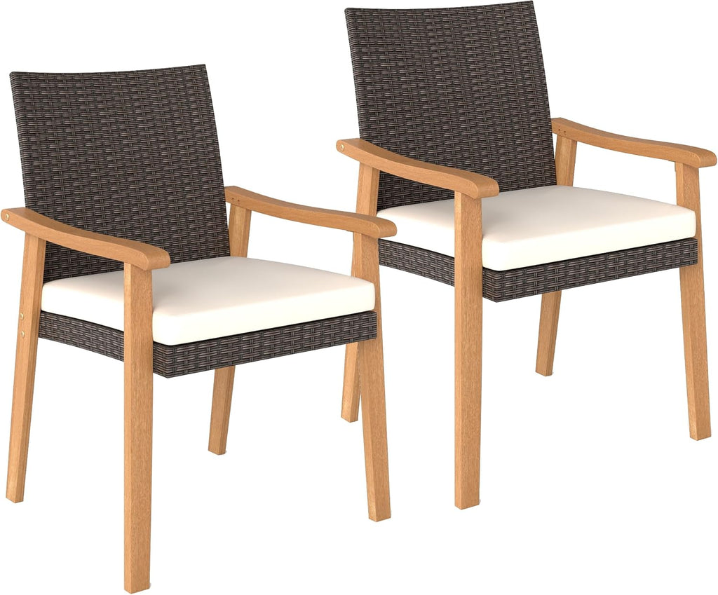 Tangkula Wicker Patio Dining Chair Set of 2, PE Rattan Outdoor Dinner Chairs with Removable Cushion, Acacia Wood Armrests & Legs, Outside Chairs for Backyard, Poolside, Porch, Yard, Balcony