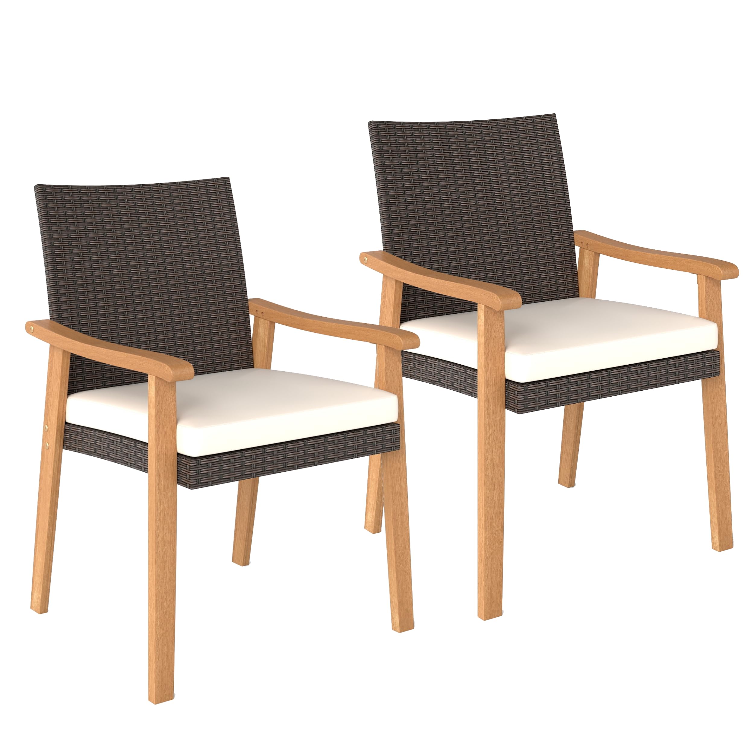 Tangkula Wicker Patio Dining Chair Set of 2, PE Rattan Outdoor Dinner Chairs with Removable Cushion, Acacia Wood Armrests & Legs, Outside Chairs for Backyard, Poolside, Porch, Yard, Balcony