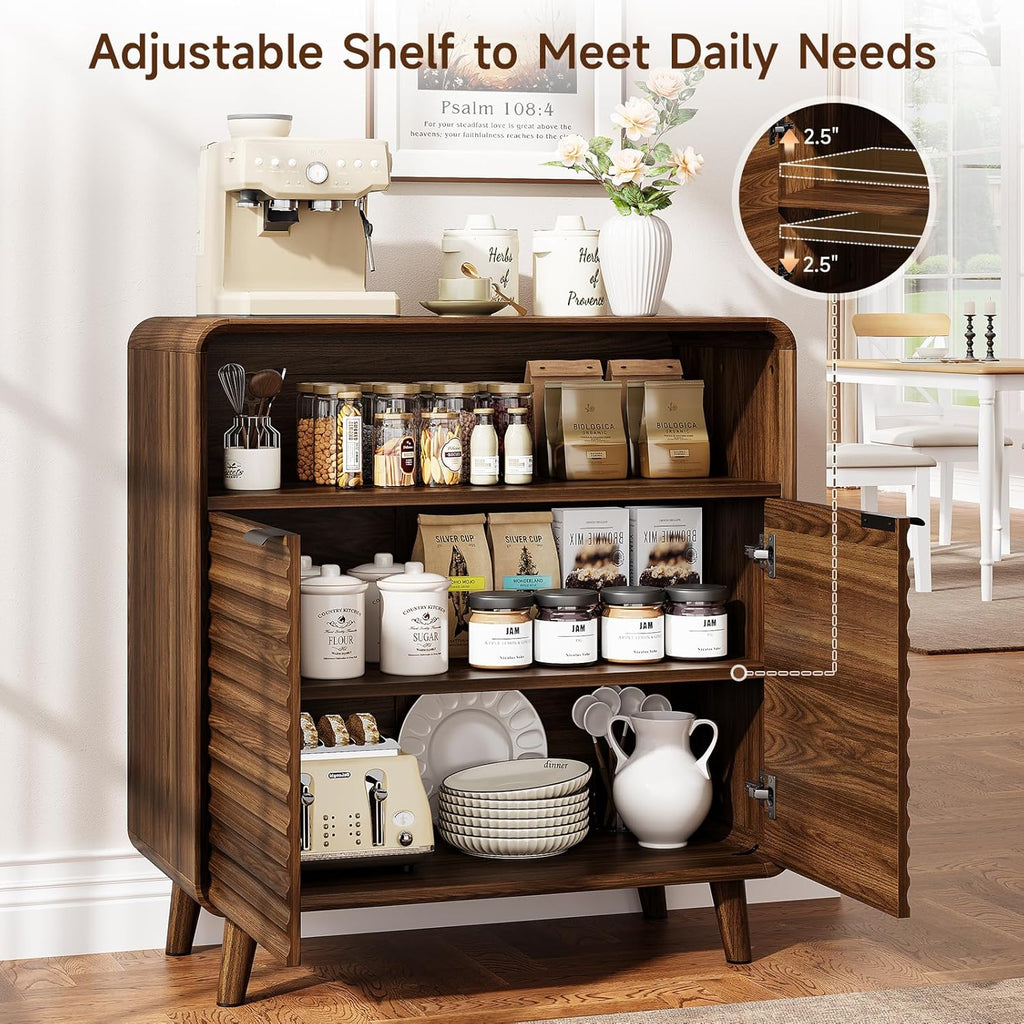 31.5" Sideboard Buffet Cabinet with Storage, Curved Sideboard with 2 Wave Doors and Angled Side Frame, Small Storage Cabinet with Adjustable Shelves, Coffee Bar Cabinet for Living Room, Walnut