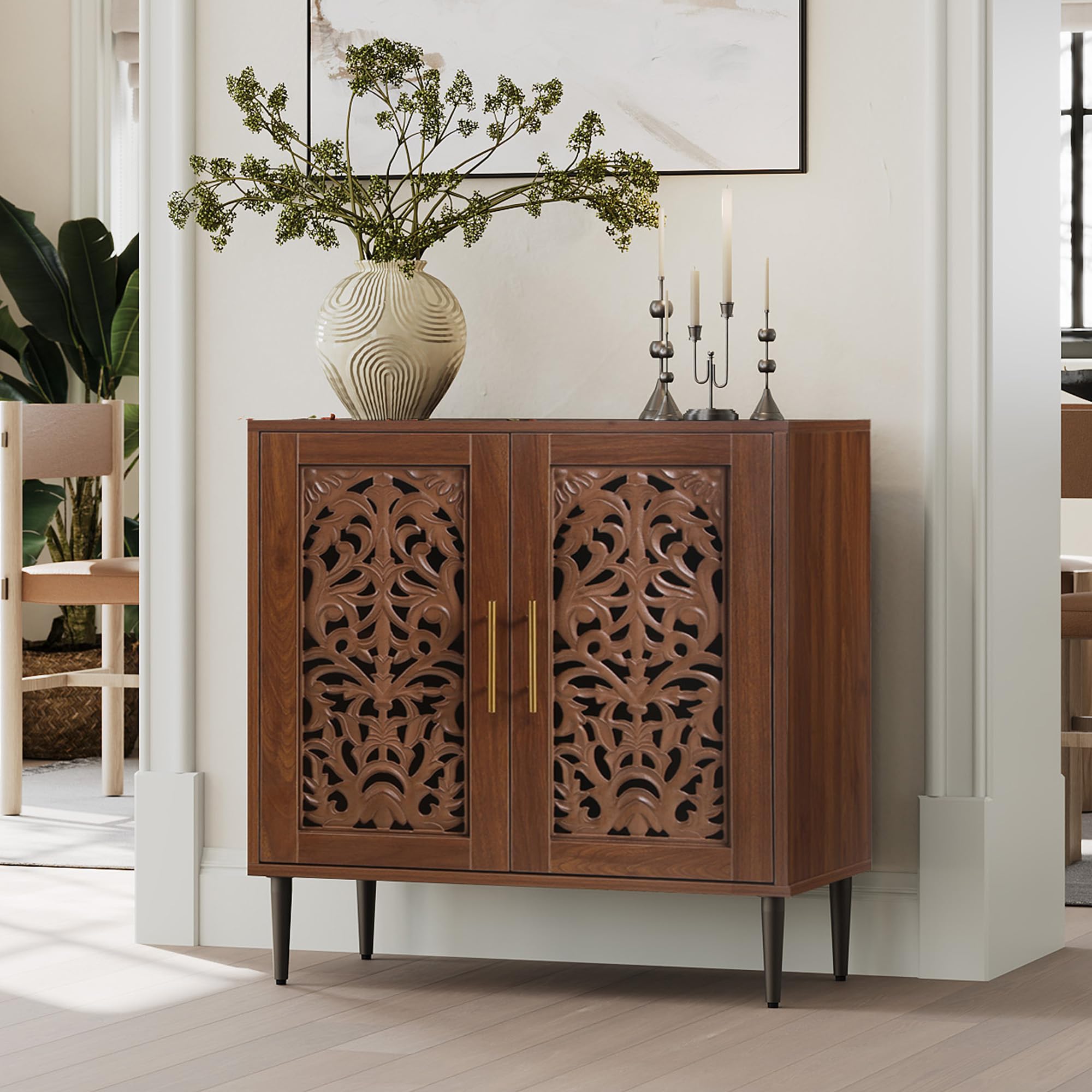ARTPOWER Accent Cabinet with 2 Doors, Vintage Hollow Carving Buffet Cabinet, Sideboards and Buffets with Storage, Credenza for Living Room, Kitchen, Dining Room, Entryway, Hallway, Walnut
