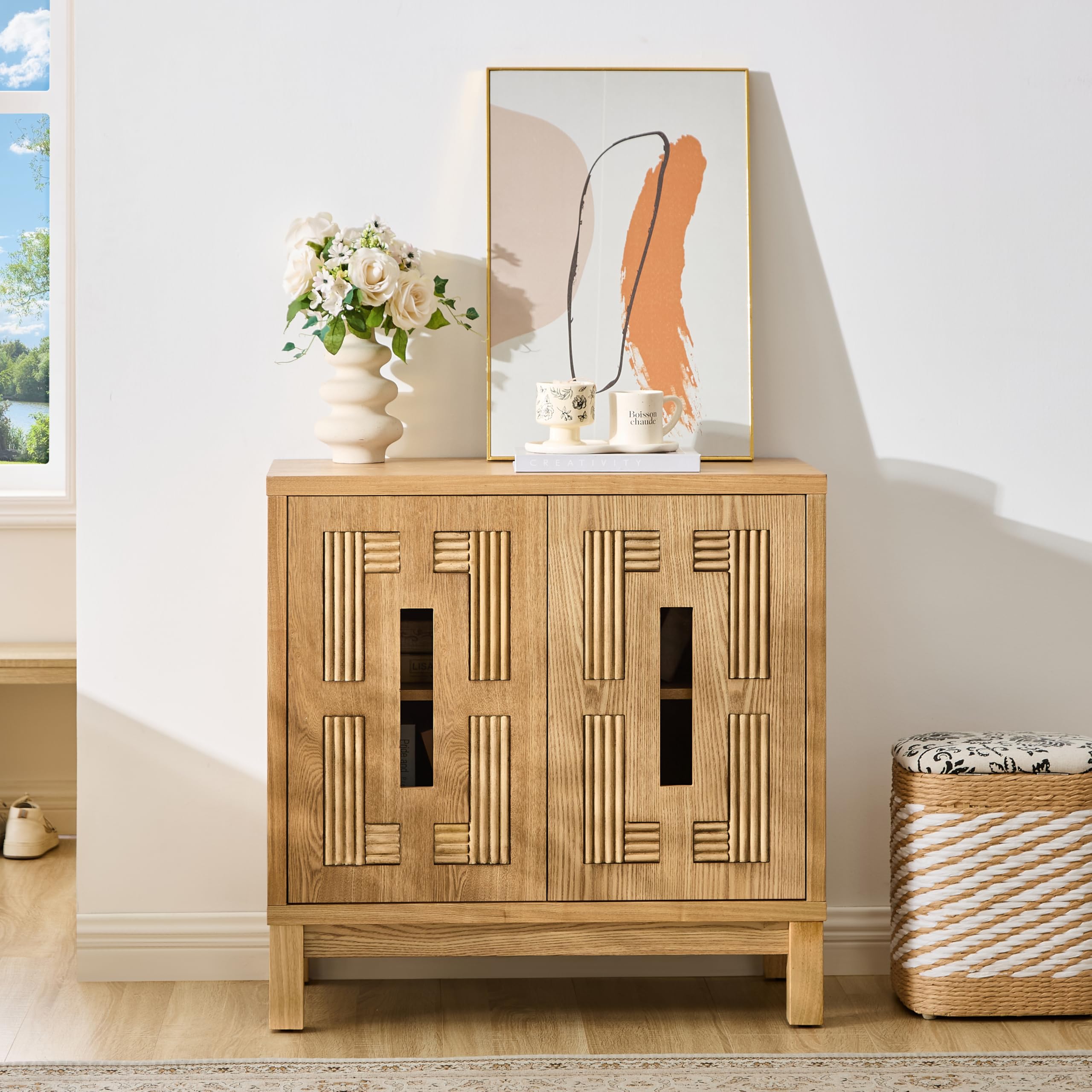 LKTART 33.5" Mid Century Sideboard Buffet Cabinet with Solid Wood Legs,Accent Storage Cabinet Credenza with 2 Doors for Living Room,Entryway,Kitchen(Walnut)