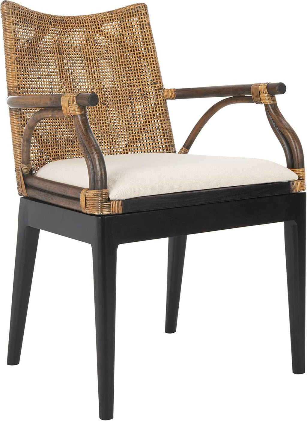 SAFAVIEH Furniture - Gianni Rattan Arm Chair - Brown & Black - Solid Wood - Coastal Open-Arm Design - Ideal for Living Room, Sunroom, Bedroom, 19.8" Seat Height (SEA4011A)