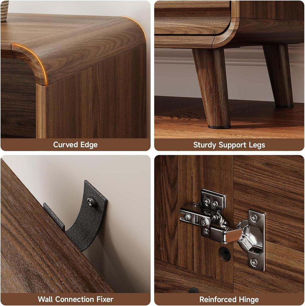 31.5" Sideboard Buffet Cabinet with Storage, Curved Sideboard with 2 Wave Doors and Angled Side Frame, Small Storage Cabinet with Adjustable Shelves, Coffee Bar Cabinet for Living Room, Walnut