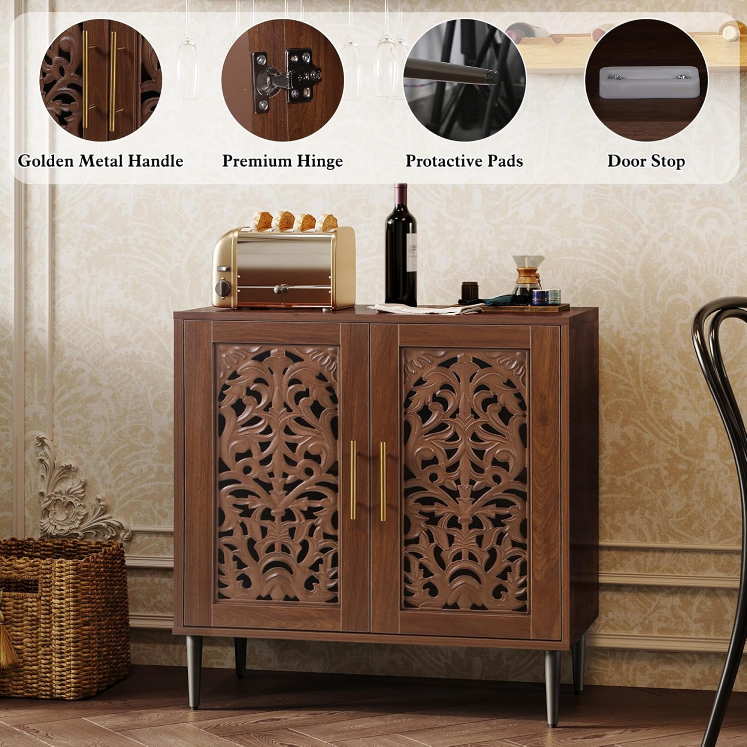 ARTPOWER Accent Cabinet with 2 Doors, Vintage Hollow Carving Buffet Cabinet, Sideboards and Buffets with Storage, Credenza for Living Room, Kitchen, Dining Room, Entryway, Hallway, Walnut