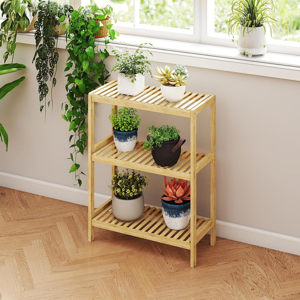kinbor Bamboo Rack Multifunctional Bathroom Kitchen Living Room Holder Plant Flower Stand Utility Storage Shelf (3-Tier)