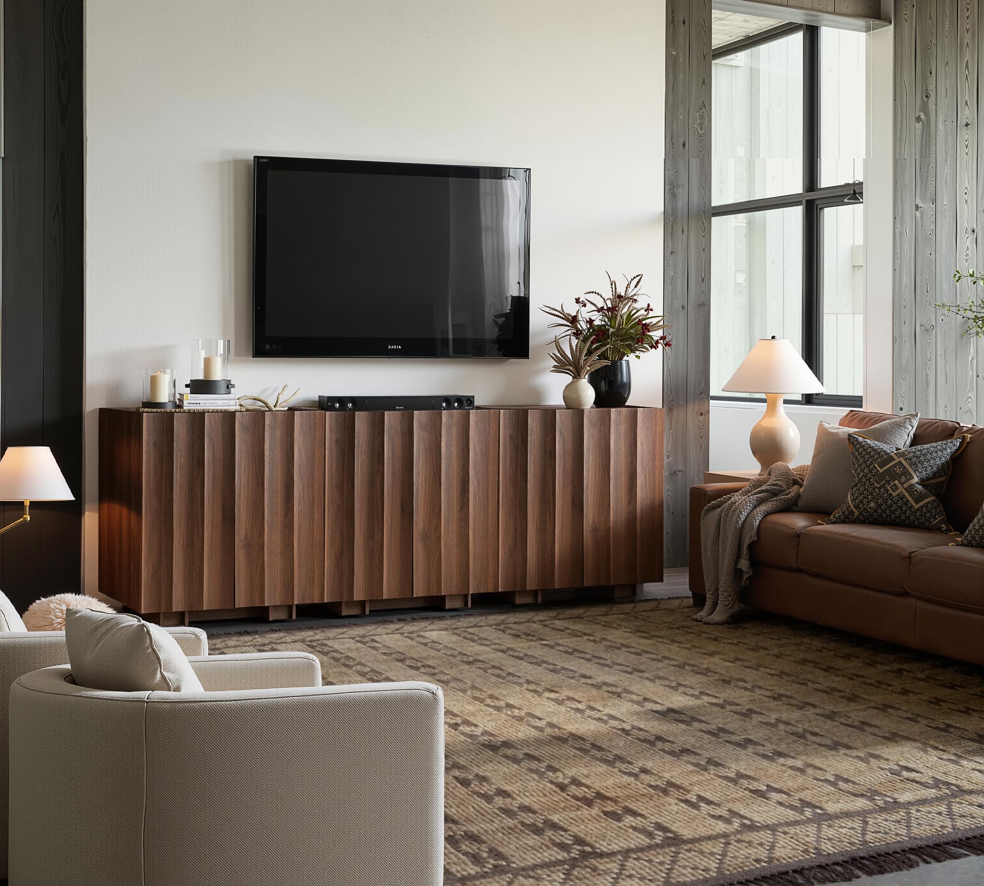 win2win Fluted Sideboard Buffet Cabinet with Storage,31.5" Mid Century Modern Accent Cabinet with Double-Layered Arch Door,Small Wood Console Credenza for Dining Living Room Hallway,Walnut,1PCS