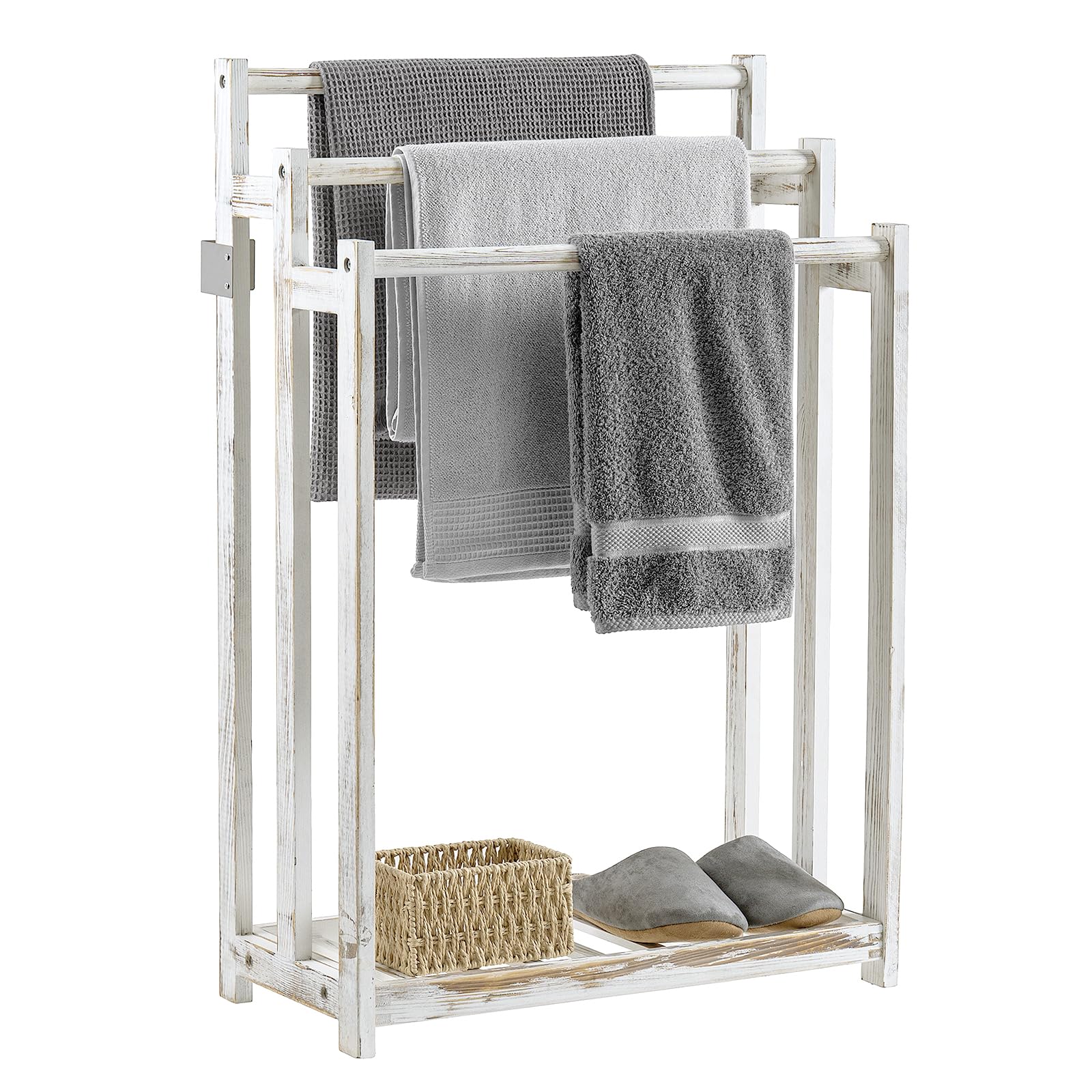 MyGift Free Standing Towel Rack, Wooden 3-Tier Quilt Rack, Bath Towel Drying Stand, Blanket Holder with Bottom Storage Shelf, for Bathroom, Living Room, Rustic Dark Brown