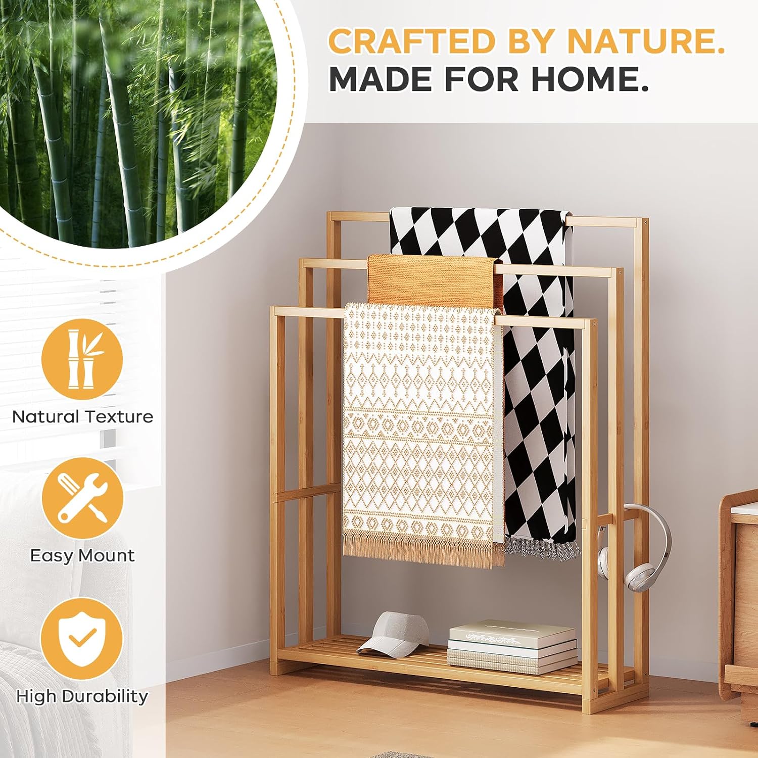 oakvivo Free Standing Towel Rack, 3 Tier Bamboo Blanket Rack for Bathroom, Blanket Drying and Display Racks with Shelf, Blanket Holder for Oversized Bath Towels (Natural)