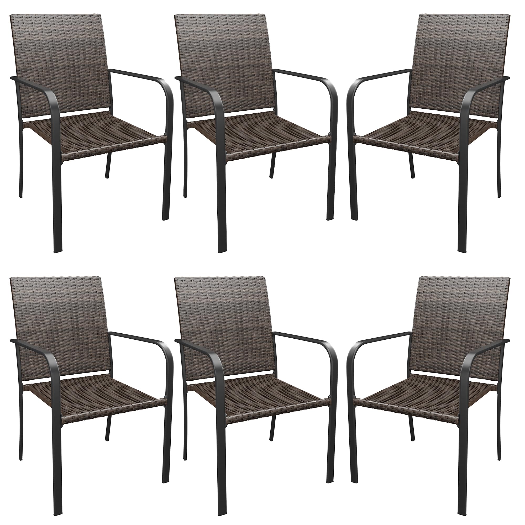 Patio Dining Chair Set of 2, Stackable Outdoor Wicker Chairs with Curved Armrest for Front Porch, Garden, Backyard, Walnut